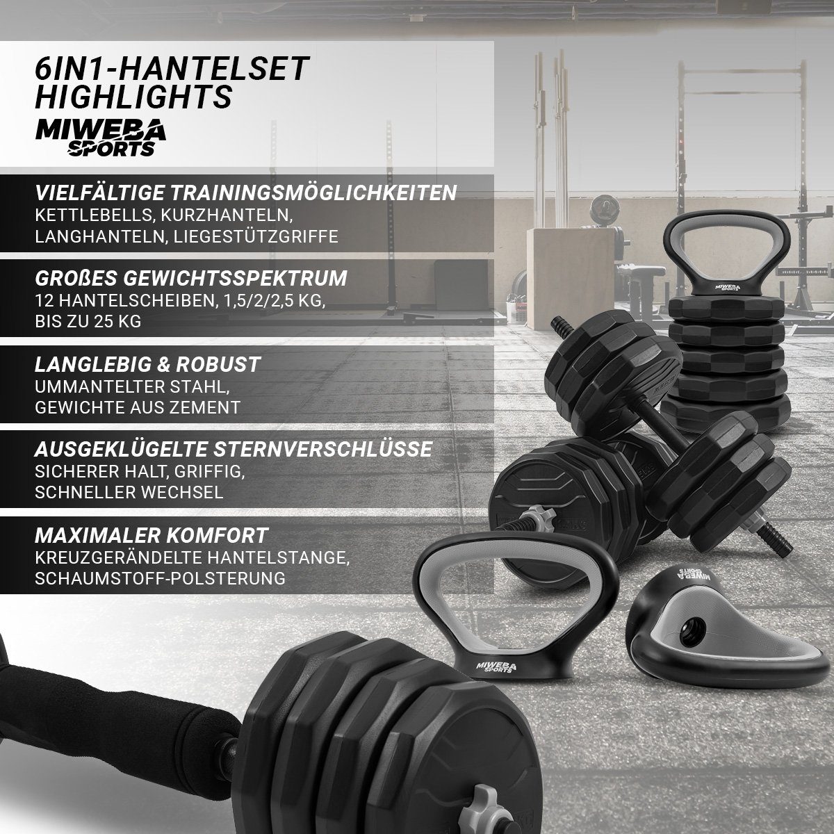 Miweba Sports Hantel-Set verstellbares 6in1 Hantel Set - 25 kg, (Liegestützgriffe - Kurzhanteln - Langhantel - Kettlebell - Multifunktionshantel - Krafttraining - Muskelaufbau - Workout - Training - Kurzhantelset - Hantel komplett Set, 6 Hantel Konst