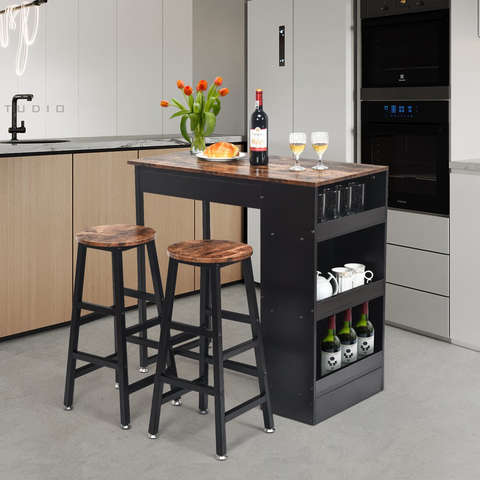 COSTWAY Bartisch, Set, mit 2 Barhockern und 3 Ablagen, 49x91x91cm, Industrie