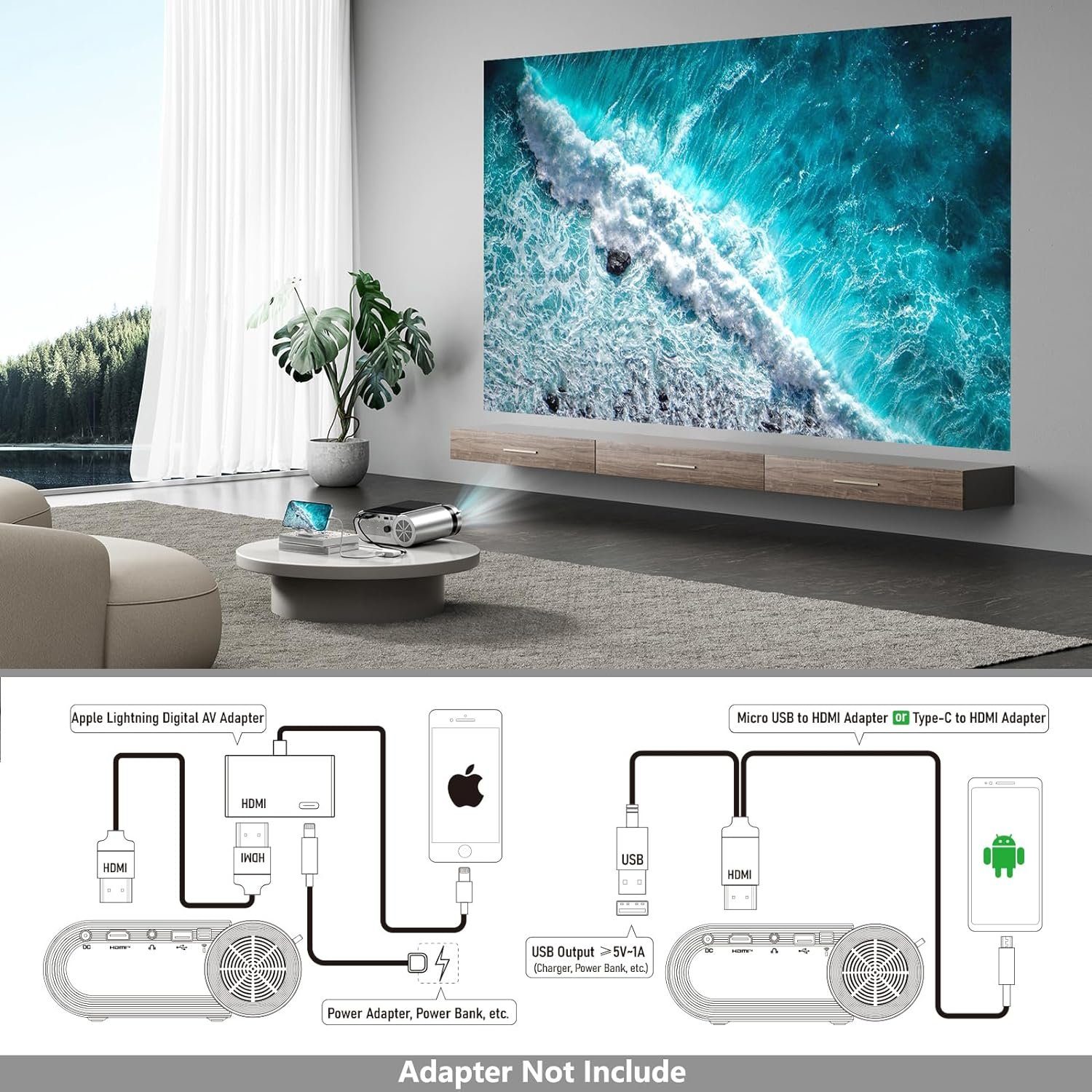 Vamvo Video Beamer unterstützt HD, Mini Heimkino Portabler Projektor (1280 to 720p px, kompatibel mit HDMI, USB, Geschenk für Kinder Video Heimkino)