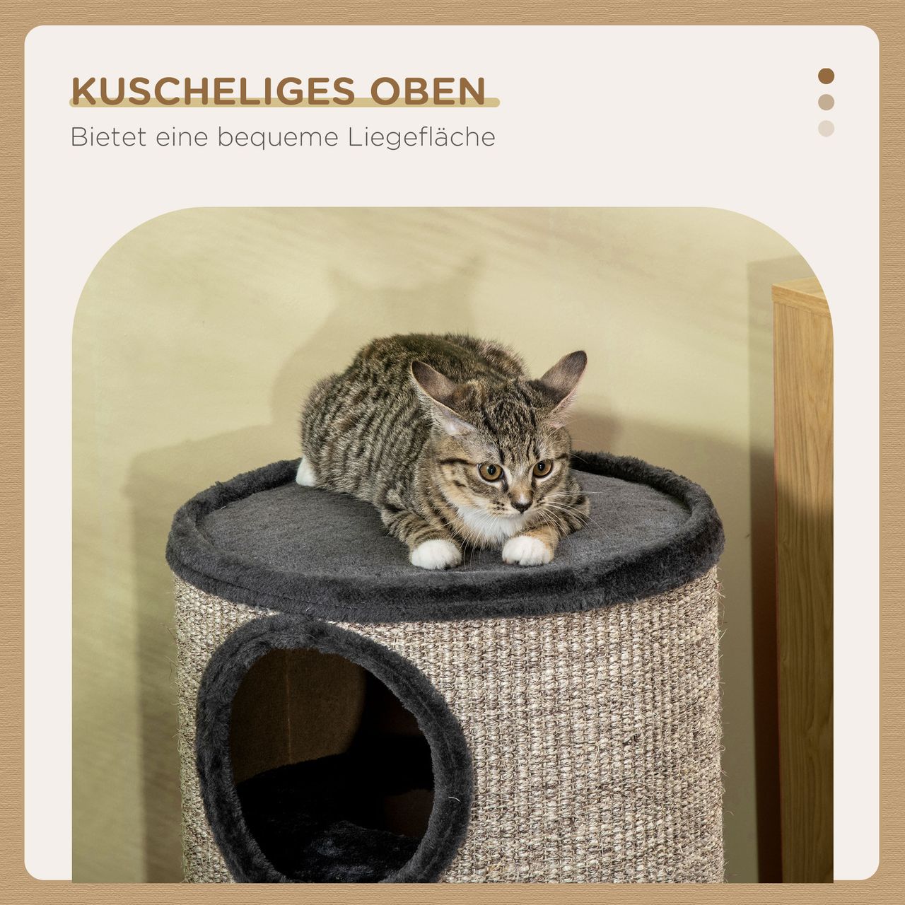PawHut Kratztonne, Katzenkratzbaum mit 3 Höhlen, Spieltonne für Katzen, Grau