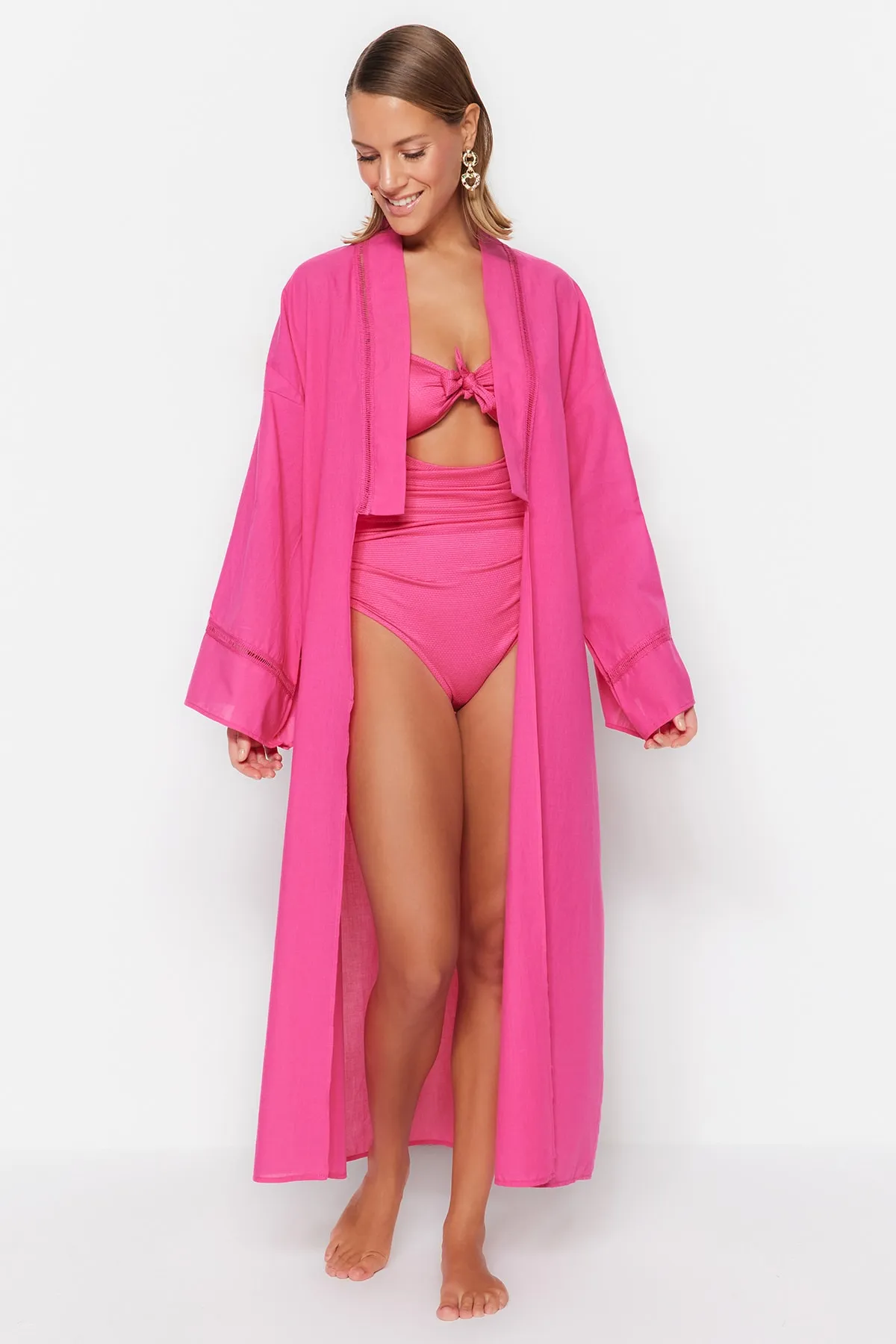 Trendyol Collection  Rosa Maxi-Accessoire mit gewebten Streifen und Gürtel, 100 % Baumwolle, Kimono und Kaftan TBESS21KM0094