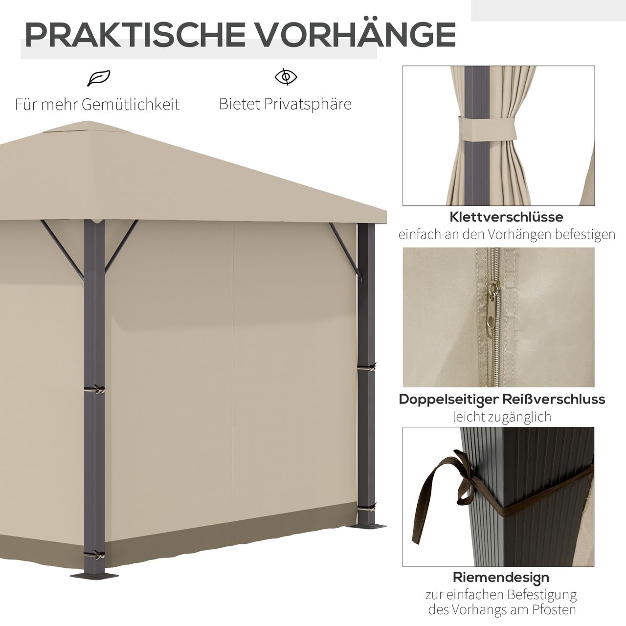 Outsunny Gartenpavillon Pavillon 3 x 3 m Gartenzelt Dach mit Belüftungslöcher Festzelt Partyzelt mit 4 x Seitenteile Moskitonetz wetterfest Aluminium Polyester khaki