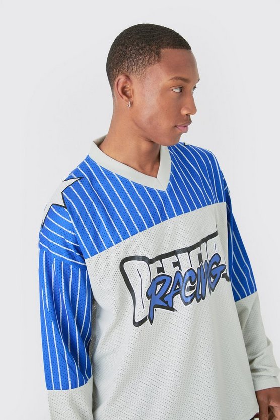 Langärmliges Oversize Mesh-Oberteil mit Official Streifen
