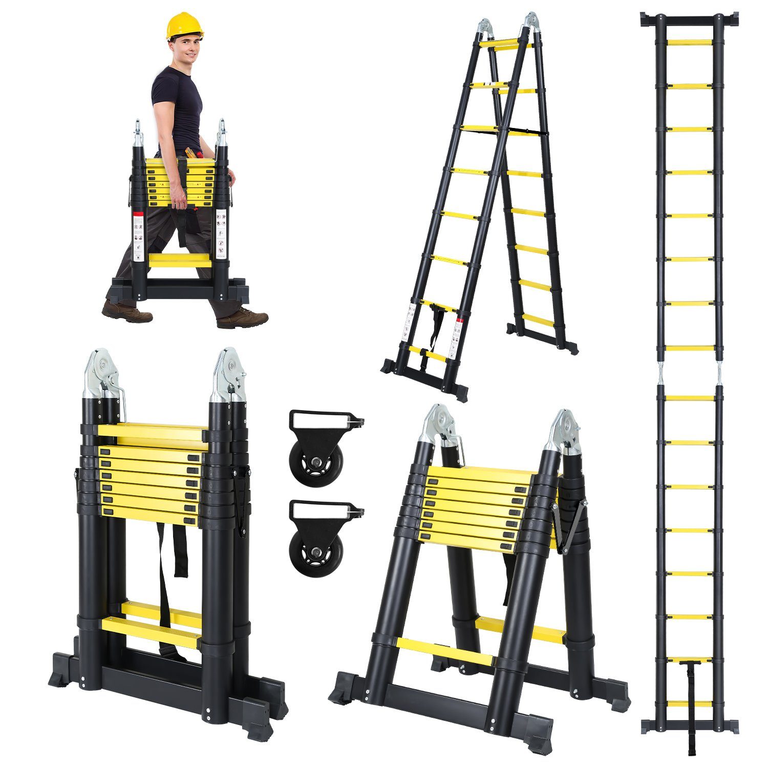Lospitch Teleskopleiter Teleskopleiter Alu 2.5+2.5m mit Stabilisator Rädern Anlegeleiter