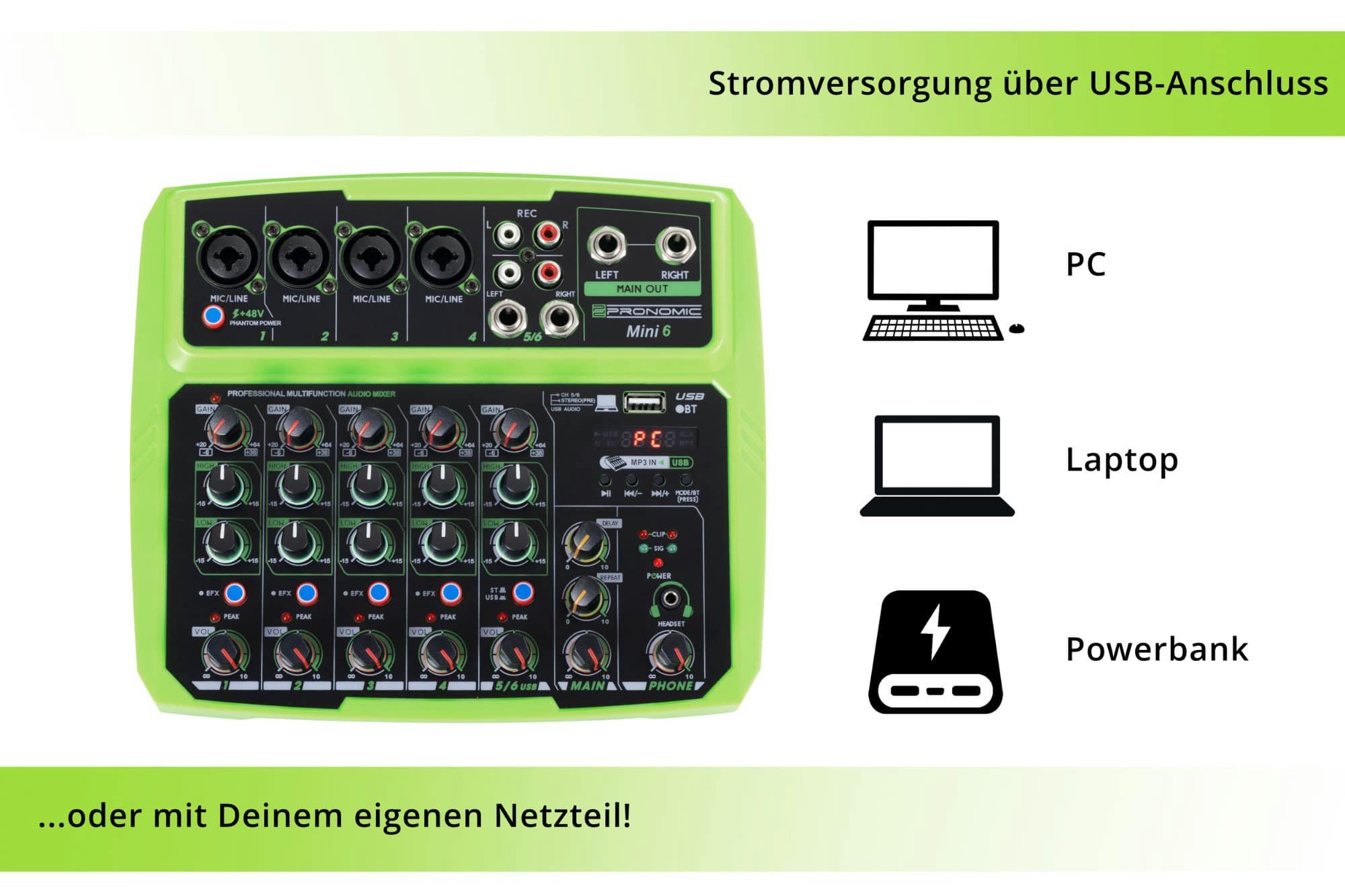 Pronomic Mischpult Mini6 USB-betriebener 6-Kanal Mixer, (2-tlg), mit Medienplayer/-recorder mit Bluetooth und USB - Audio-Interface
