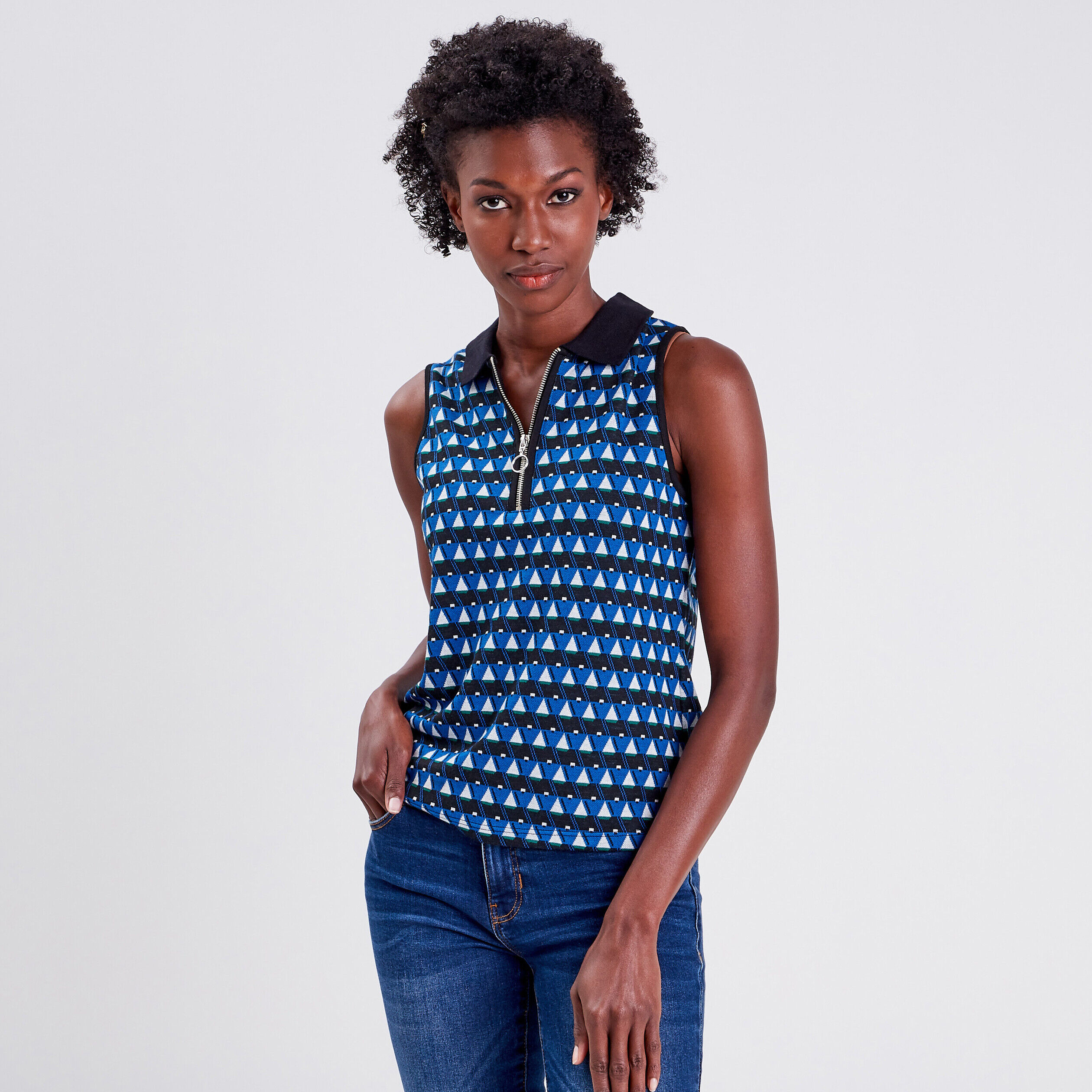 Polo sans manches bleu femme | Cache Cache