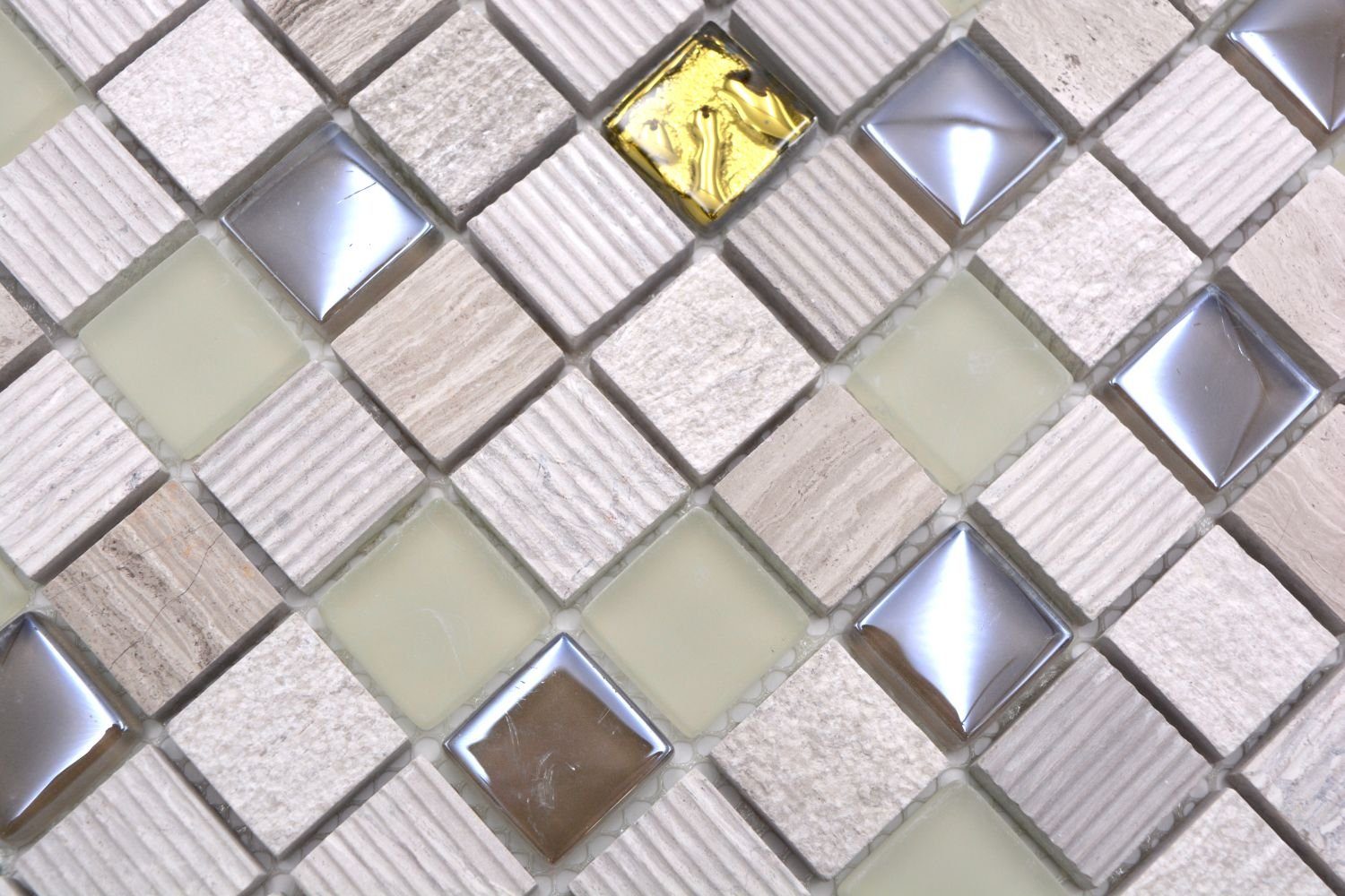 Mosani Mosaikfliesen Glasmosaik Naturstein Mosaik hellgrau gold matt / 10 Matten