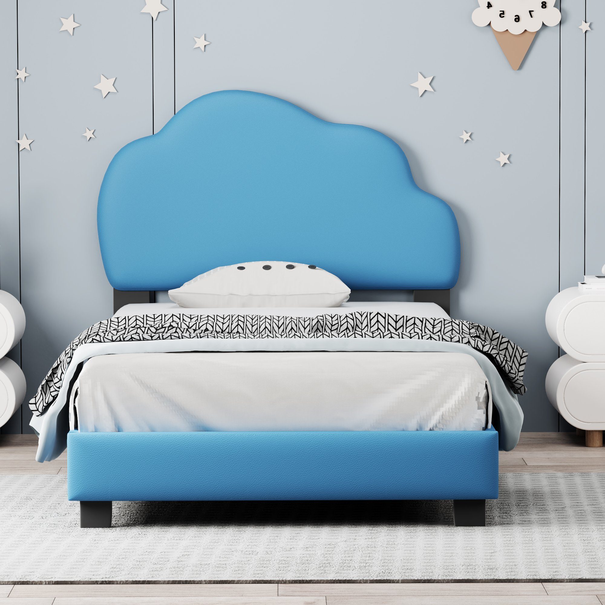 Flieks Polsterbett, Kinderbett Einzelbett mit Wolkenform Kopfteil 90x200cm Kunstlederbezug