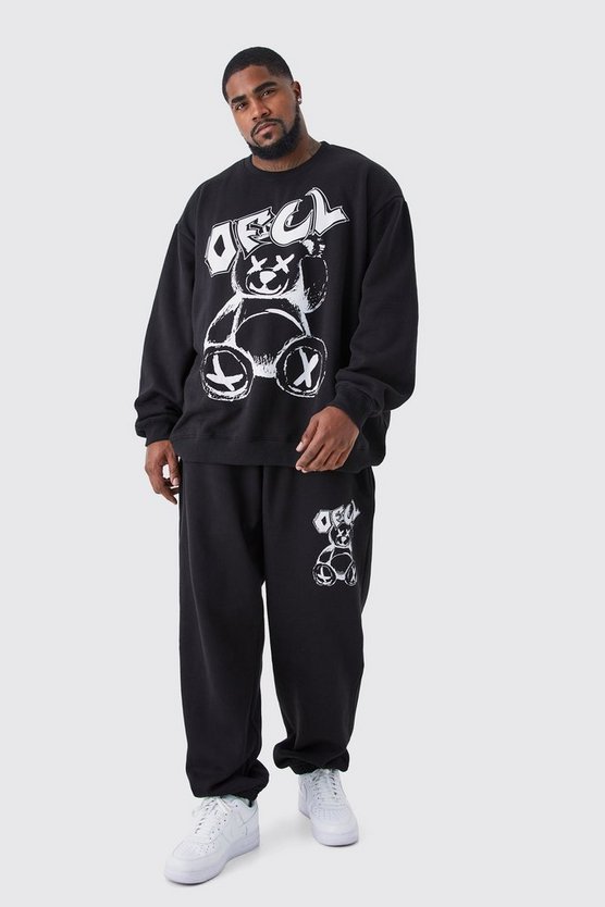 Plus Oversize Sweatshirt-Trainingsanzug mit Teddy-Print