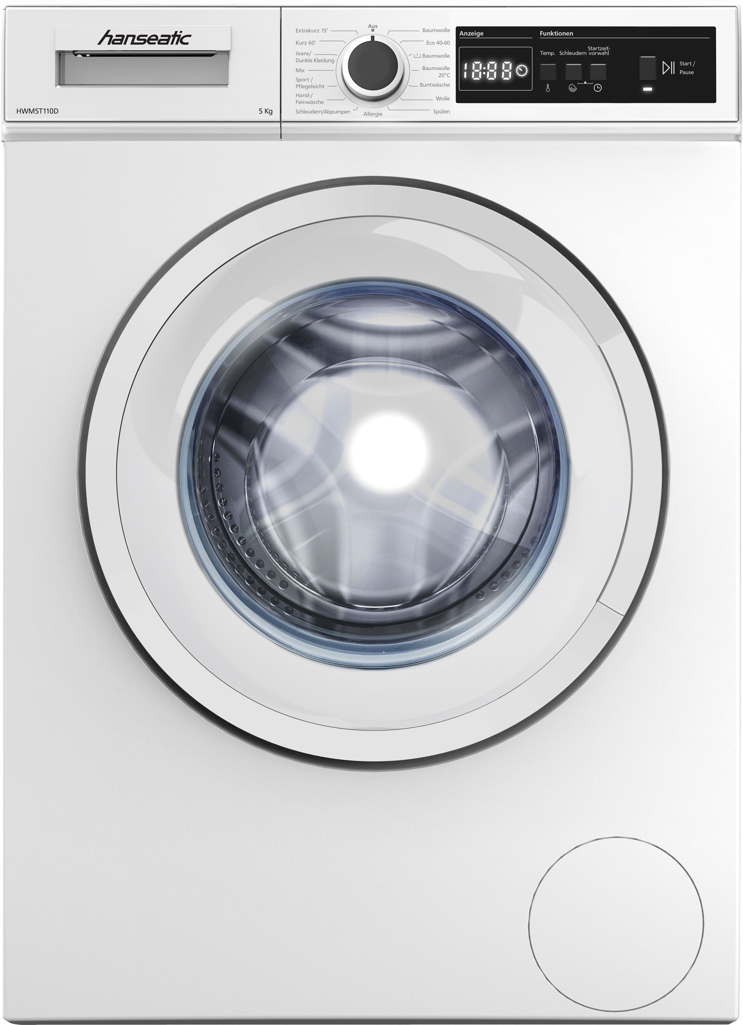 Hanseatic Waschmaschine HWM5T110D, 5 kg, 1000 U/min, Dynamische Mengenautomatik, Allergieprogramm, Überlaufschutzprogramm