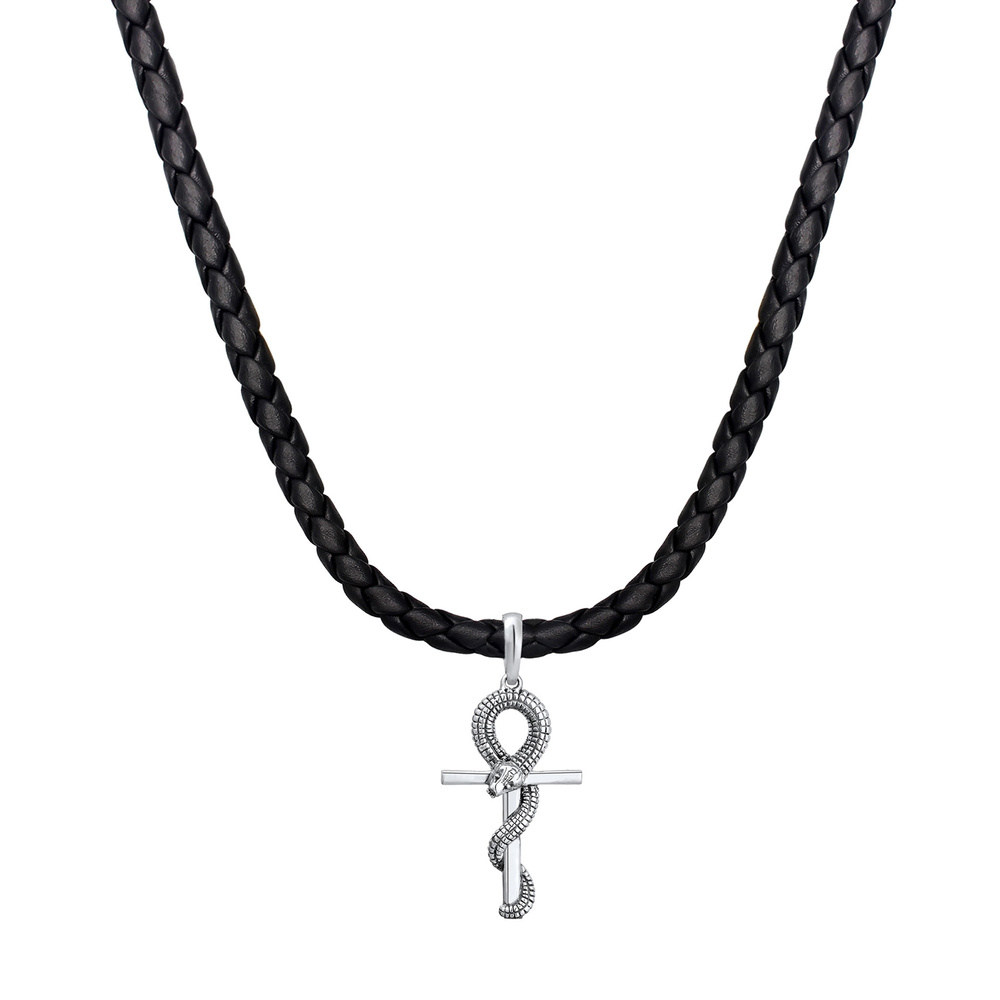 KUZZOI KUZZOI Collier Herren Kreuz Schlange Leder Oxidiert 925 Silber collier
