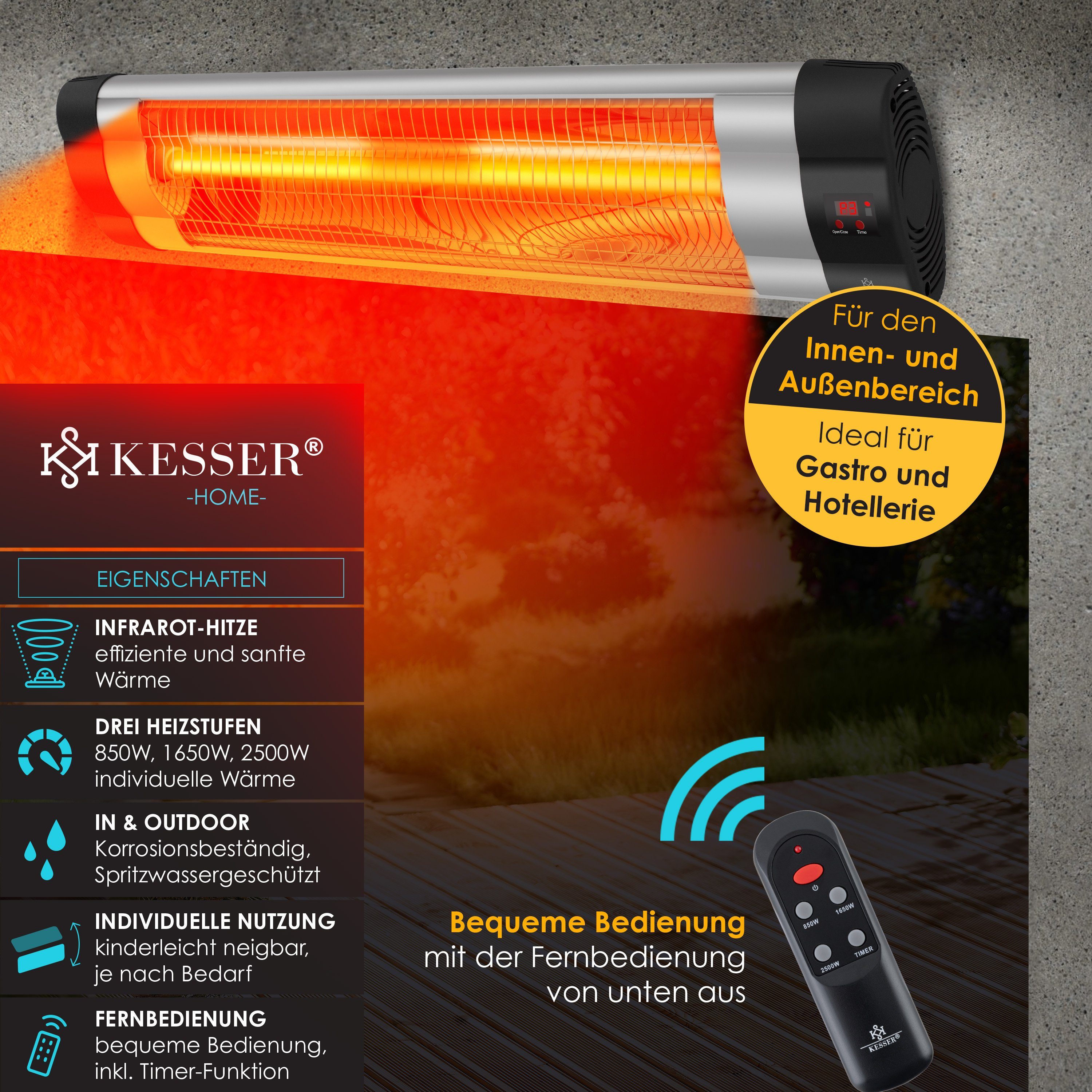 KESSER Heizstrahler, 2500 W, Infrarotstrahler 2500 Watt Infrarot Heizstrahler Fernbedienung