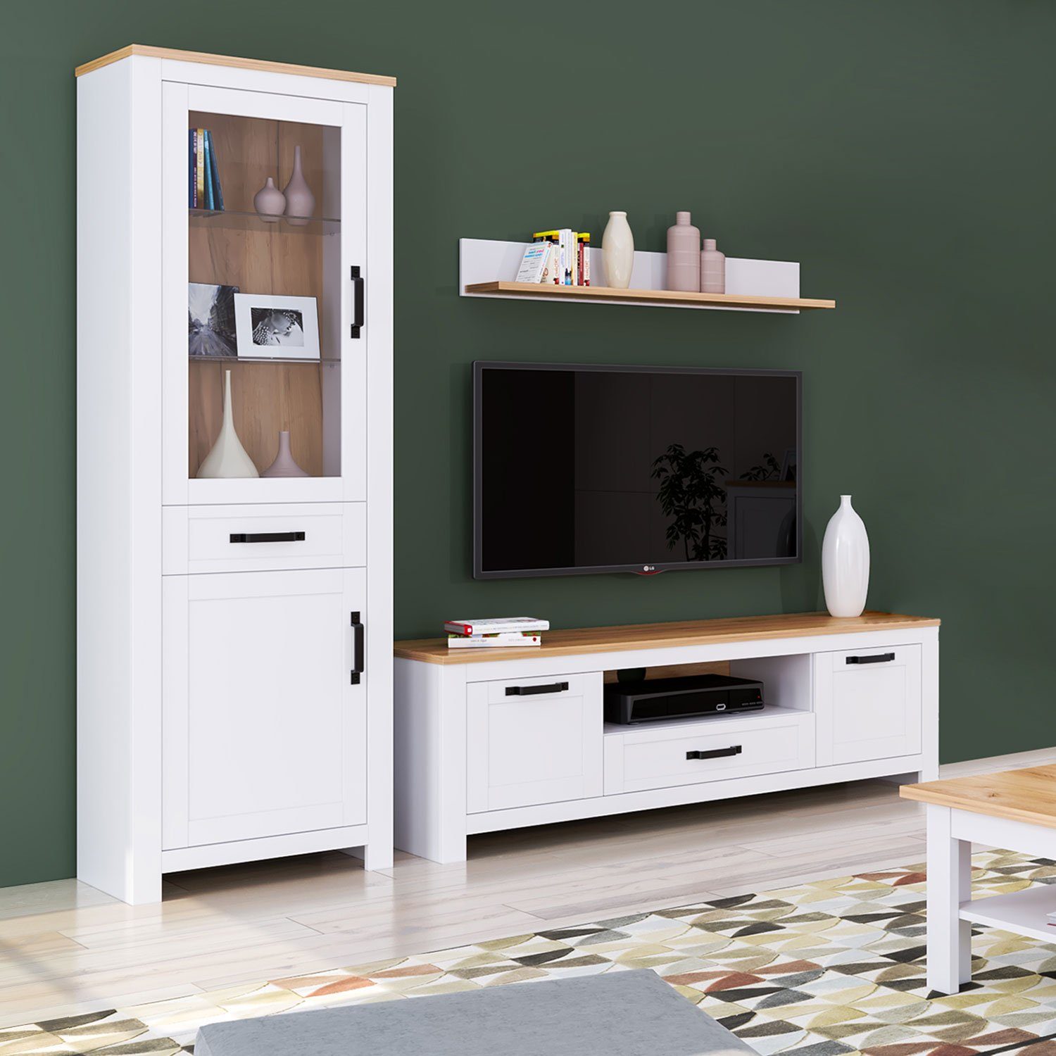 Homestyle4u Wohnwand Anbauwand Schrank Set 3 tlg. Weiß Eiche, (3-St)