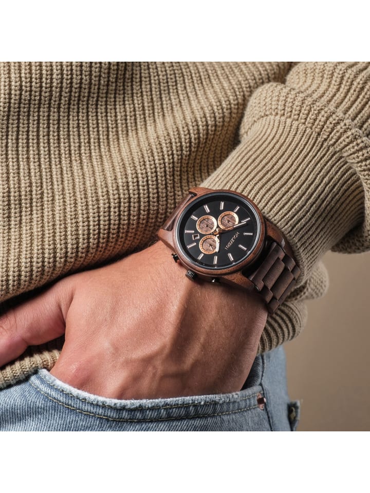 Holzkern Herrenuhr Quarz Chronograph Buschwerk Walnuss/Marmor Schwarz / Braun günstig kaufen onesize