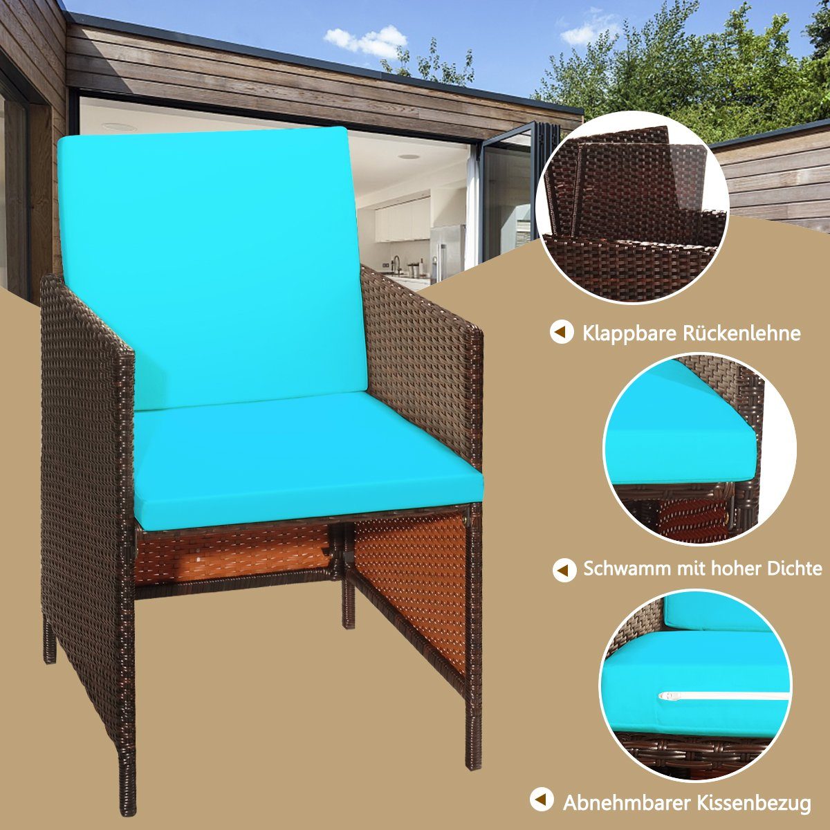 COSTWAY Garten-Essgruppe, (9-tlg), Rattan, 8 Personen, mit Schrimloch&Kissen