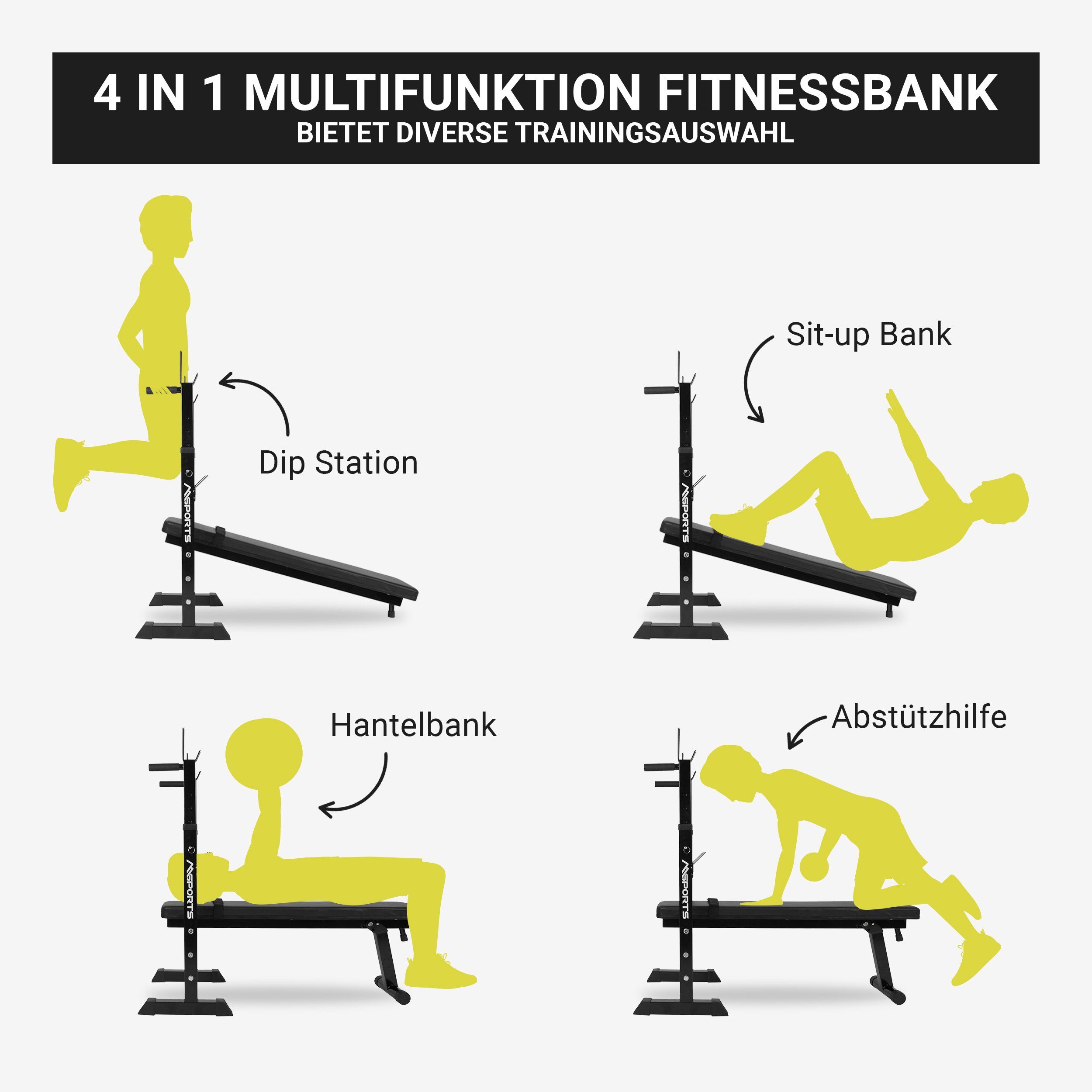 MSports® Hantelbank Hantelbank Multifunktion klappbar Langhantelstangen bis 200 kg