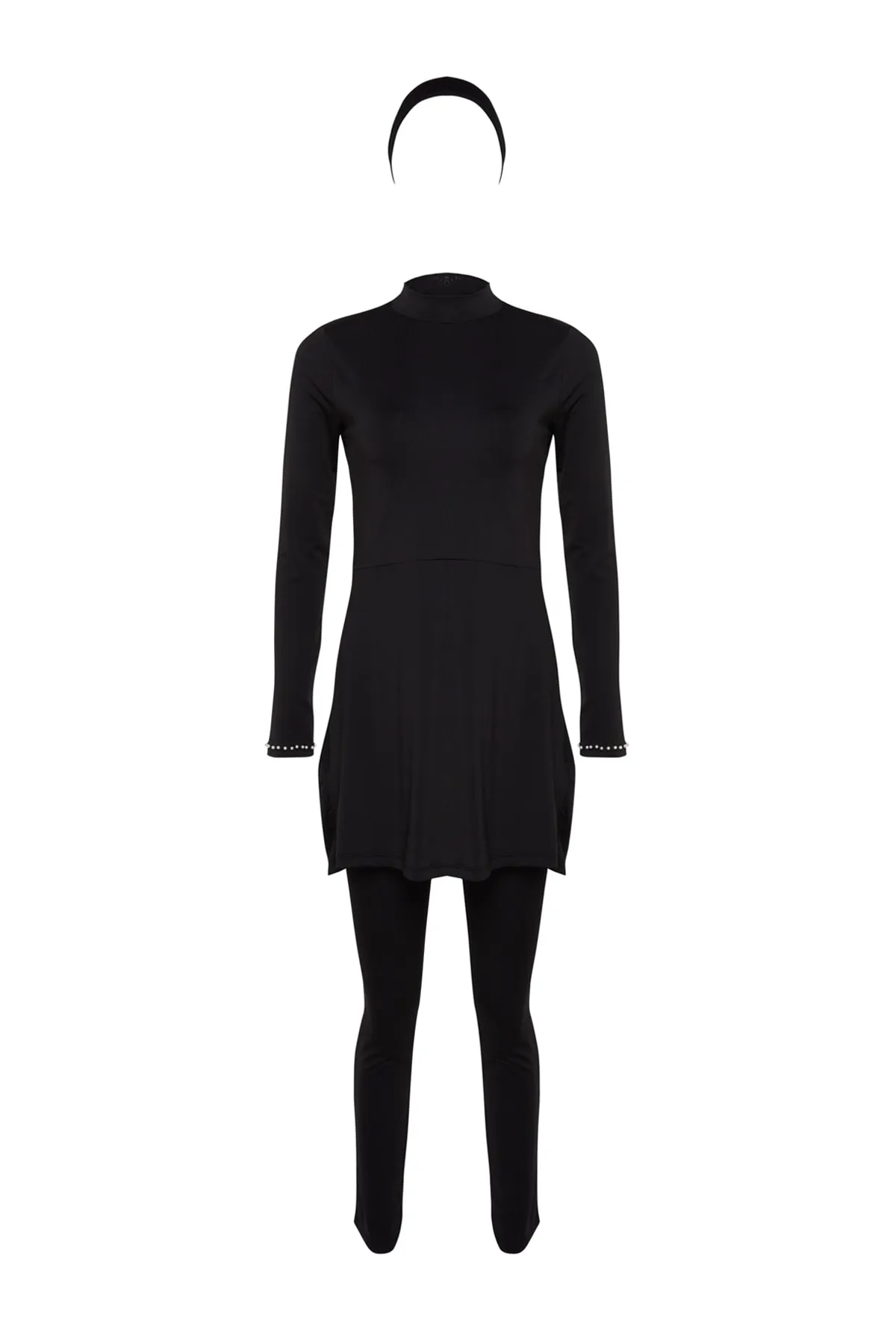 Trendyol Modest  Schwarzer, mit Steinen bestickter, vollständig bedeckter gestrickter Lycra-4-teiliger Badeanzug-Satz TCTSS23CF00040