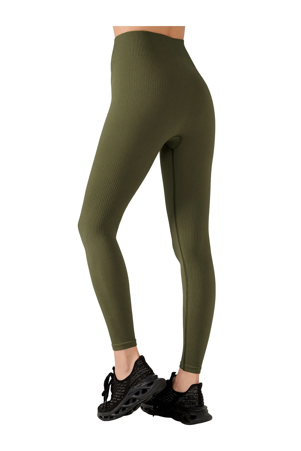 LOS OJOS  Olivgrüne, nahtlos gerippte Fitness-Leggings mit hoher Taille für Damen
