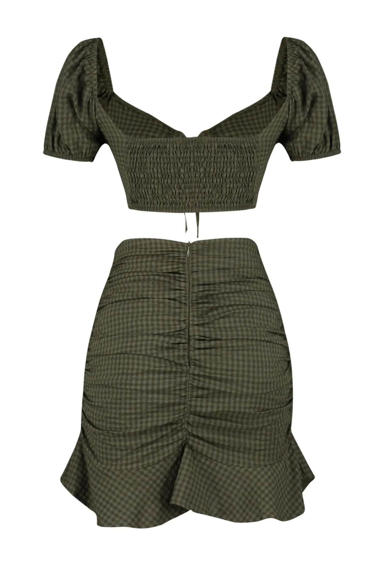 Trendyol Collection  Khakifarbenes, gewebtes, gerafftes Blusen-Rock-Set TBESS23AU00127