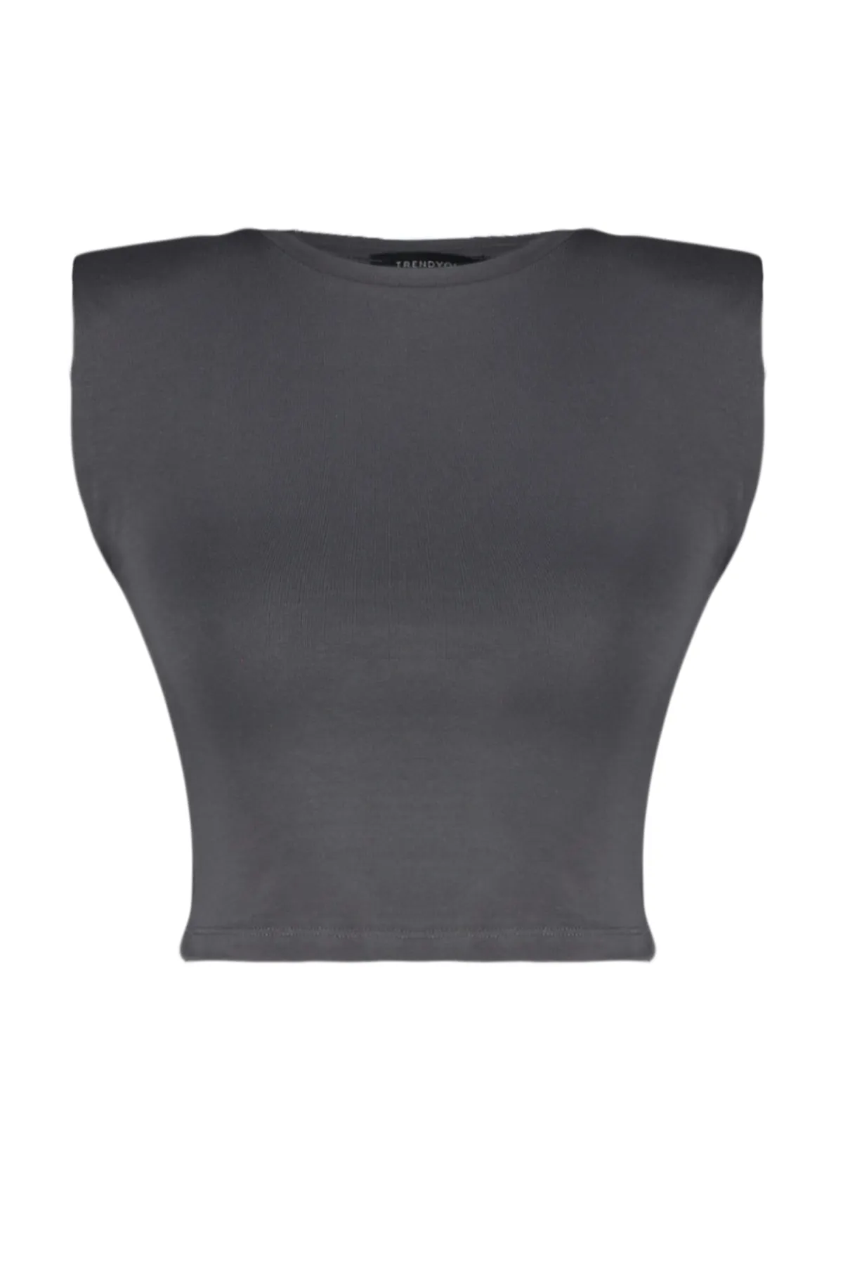 Trendyol Collection  Anthrazitfarbene, wattierte, eng anliegende, kurze, dehnbare Strickbluse mit Rundhalsausschnitt TWOSS23BZ00251