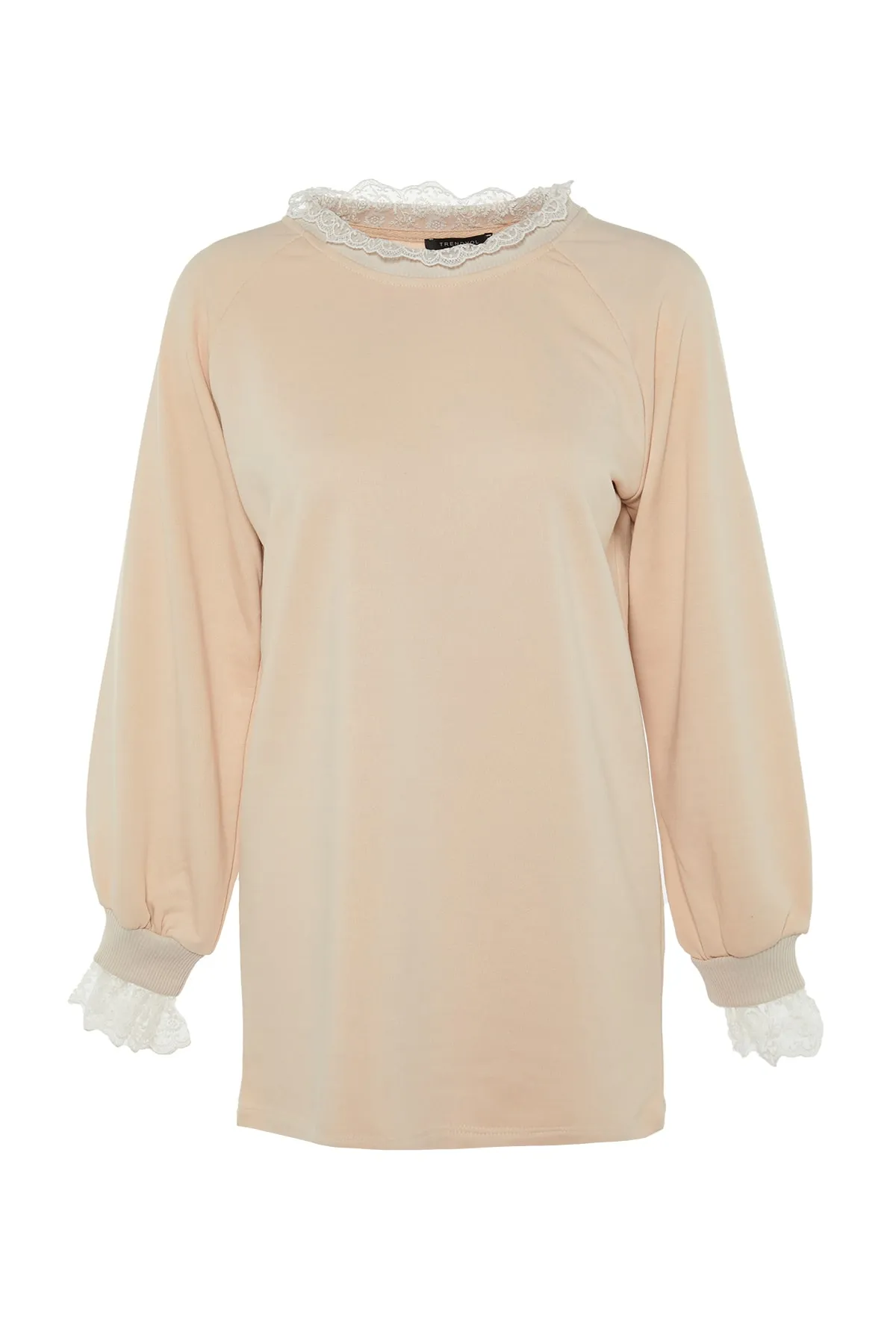 Trendyol Modest  Beige Stricktunika mit Spitzenkragen TCTAW23UK00055
