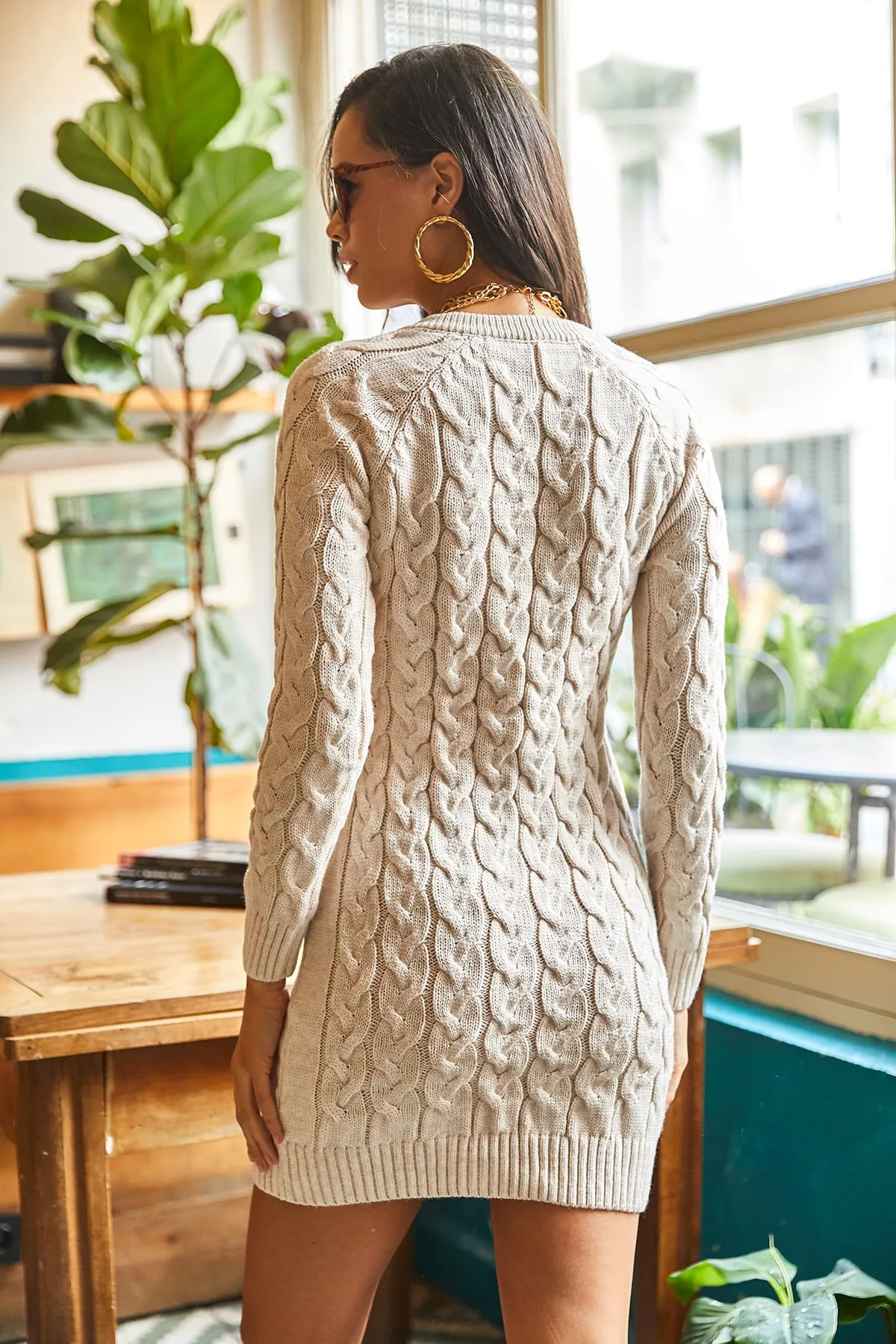Olalook  Damen-Strickkleid mit Zopfmuster und Reißverschluss in Steinoptik ELB-19001362