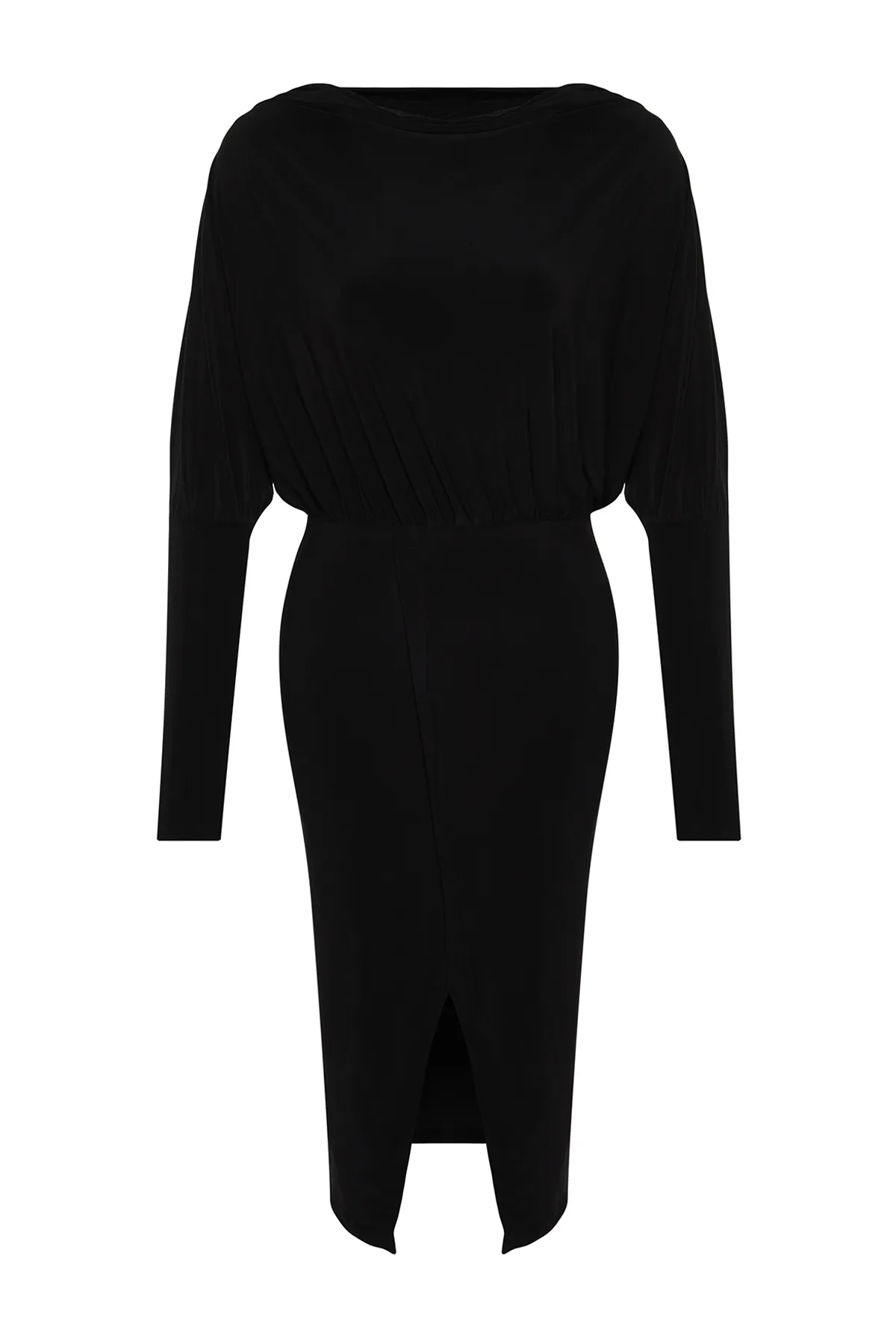 Trendyol Collection  Schwarzes flexibles Midi-Strickkleid in A-Linie/A-Linien-Form mit U-Ausschnitt und Schlitz TWOAW24EL00822