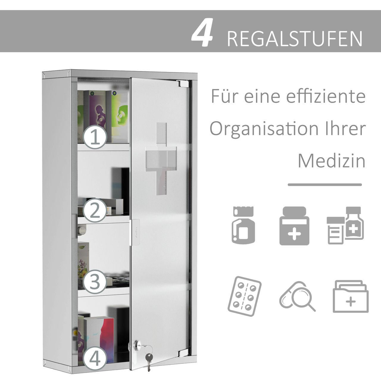HOMCOM Medizinschrank mit Schloss Edelstahl