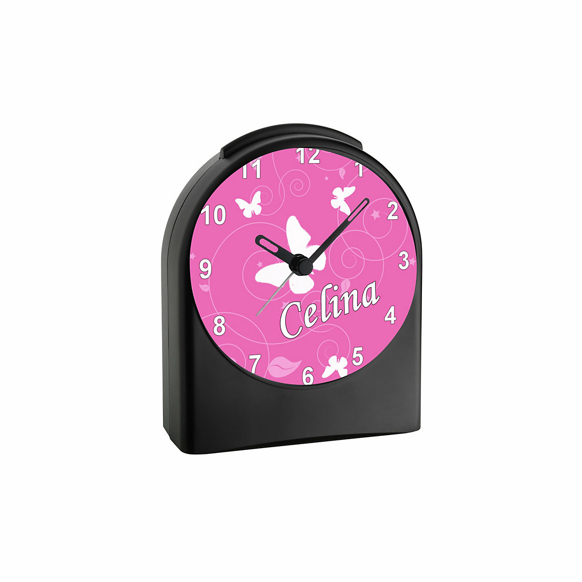 Kinder Funkwecker personalisiert mit Namen Schmetterling Ornamente Atom-/Funkuhr, 12-Stunden-Anzeigeformat, Schlummerfunktion, Nachtlicht, Geräuschlos/Ohne Ticken
