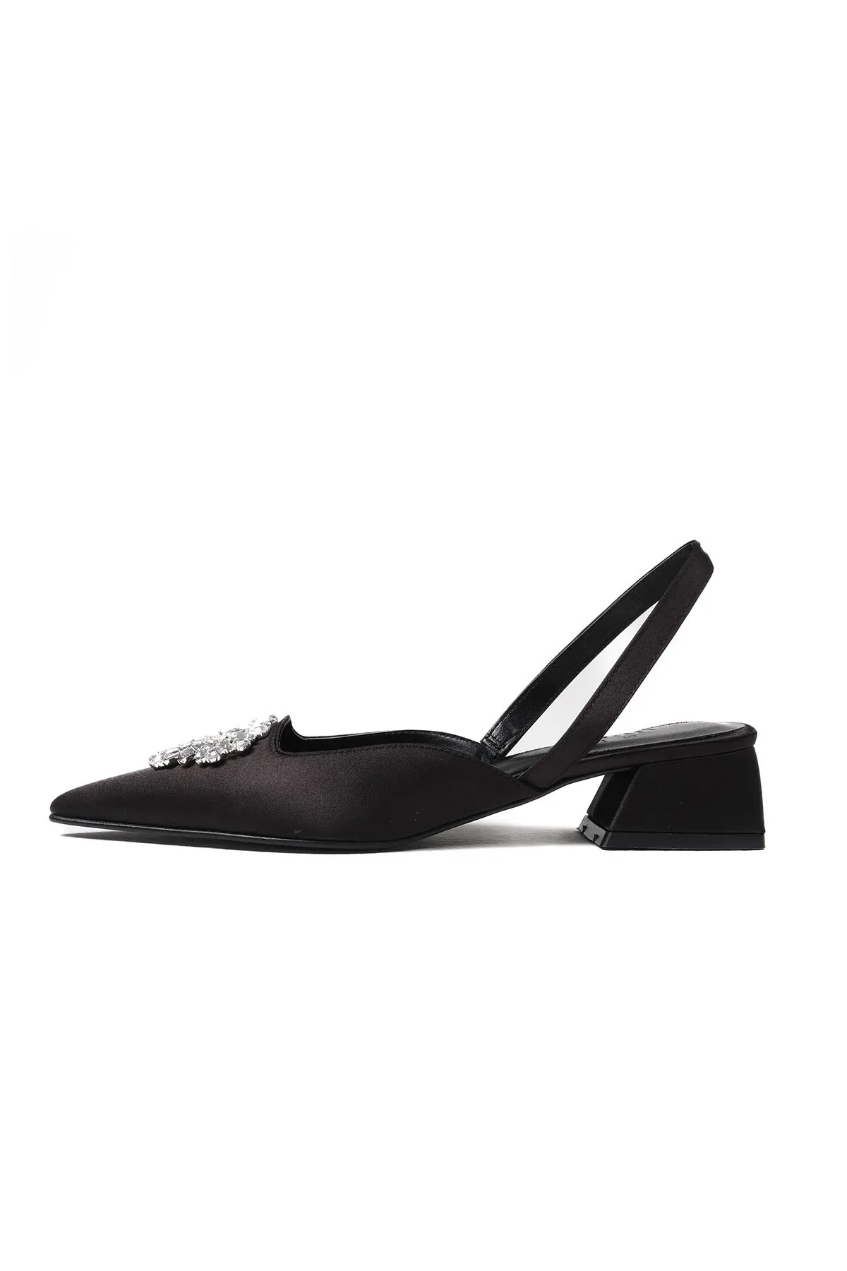 Mio Gusto  Claudia Damenschuhe mit kurzem Absatz und schwarzer Kristallsteinschnalle und offener Rückseite aus Satinstoff