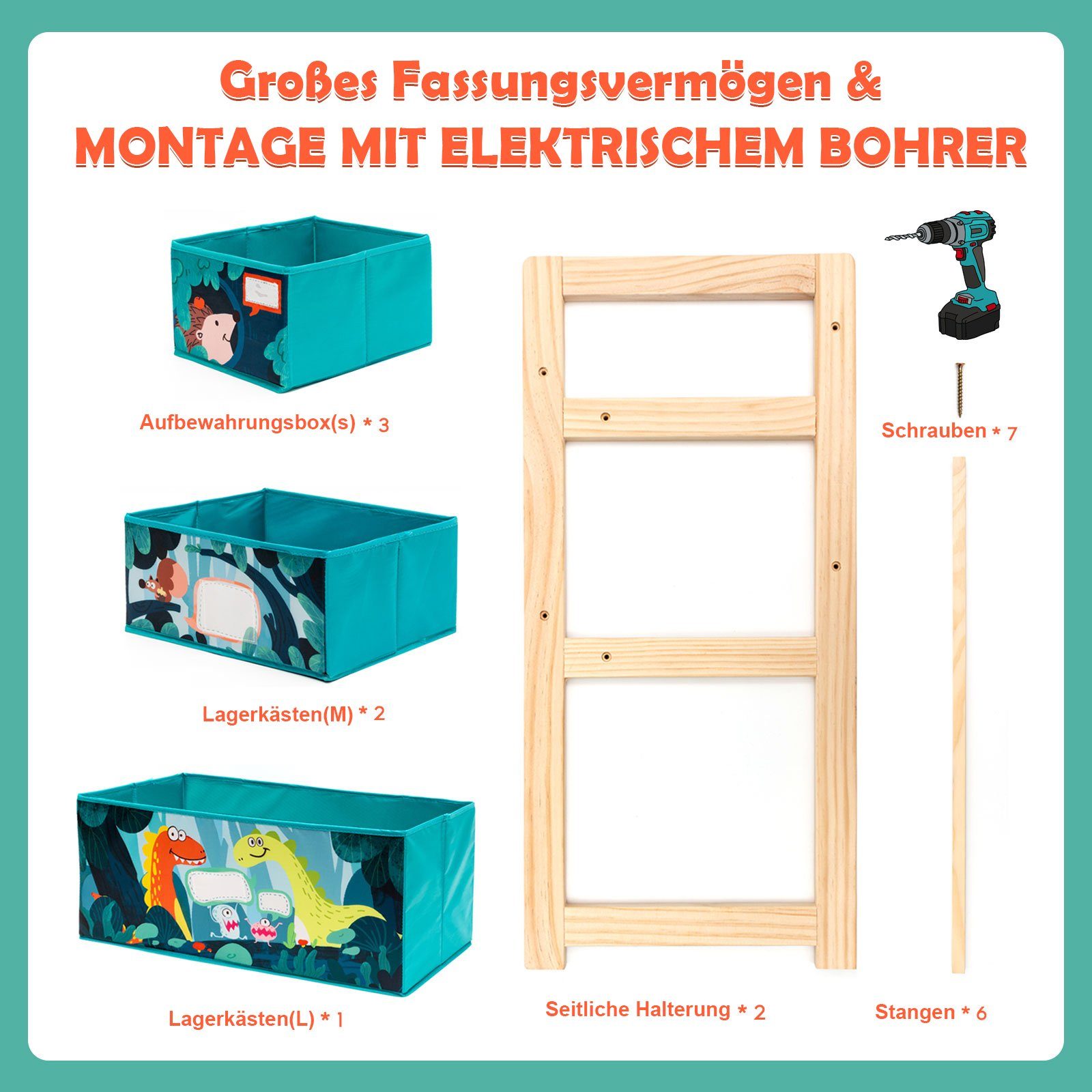 LBLA Kinderregal Spielzeug-Organizer mit 3-stöckiges Holzregal, Aufbewahrungsregal Spielzeugregal Bücherregal für Kinder