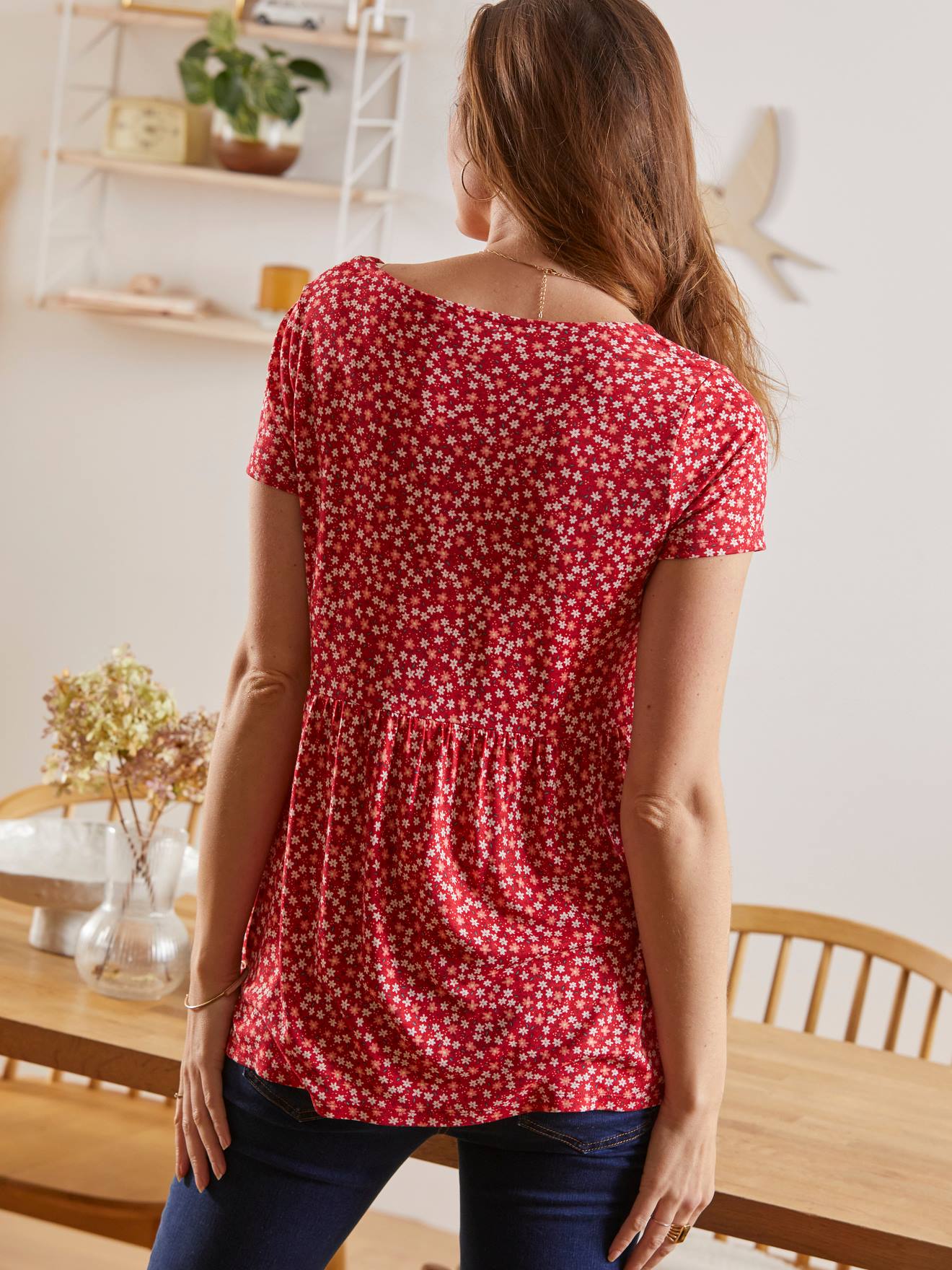 T-shirt blouse grossesse et allaitement rouge imprimé