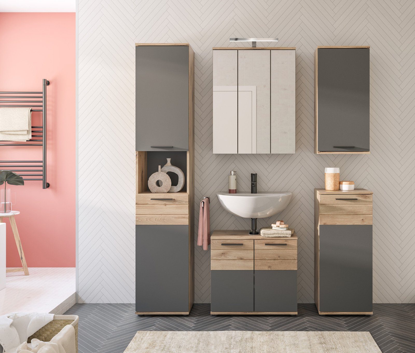 xonox.home Badmöbel-Set Mason, (Set 5-teilig, grau und Eiche), mit Soft-Close