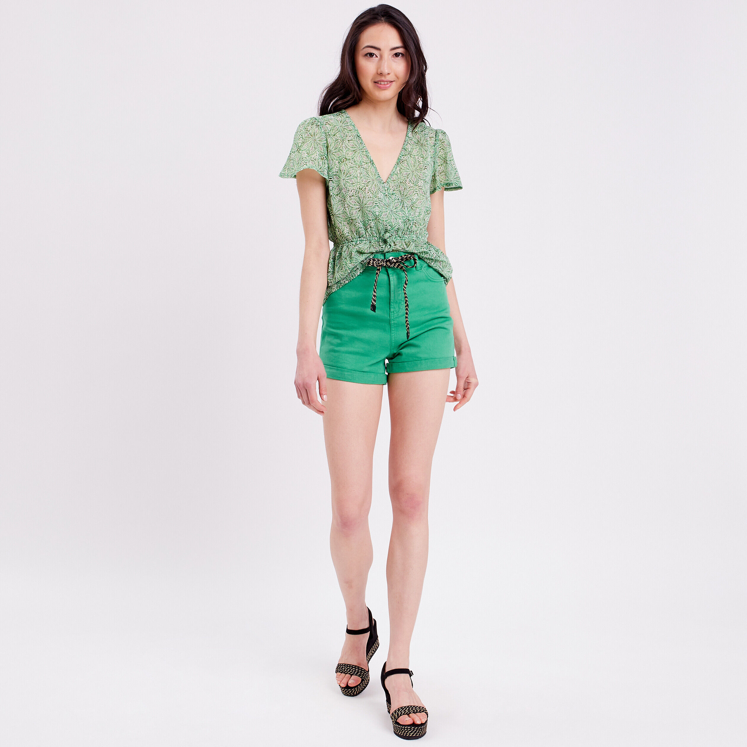 Blouse cintrée col cache-coeur vert femme | Cache Cache