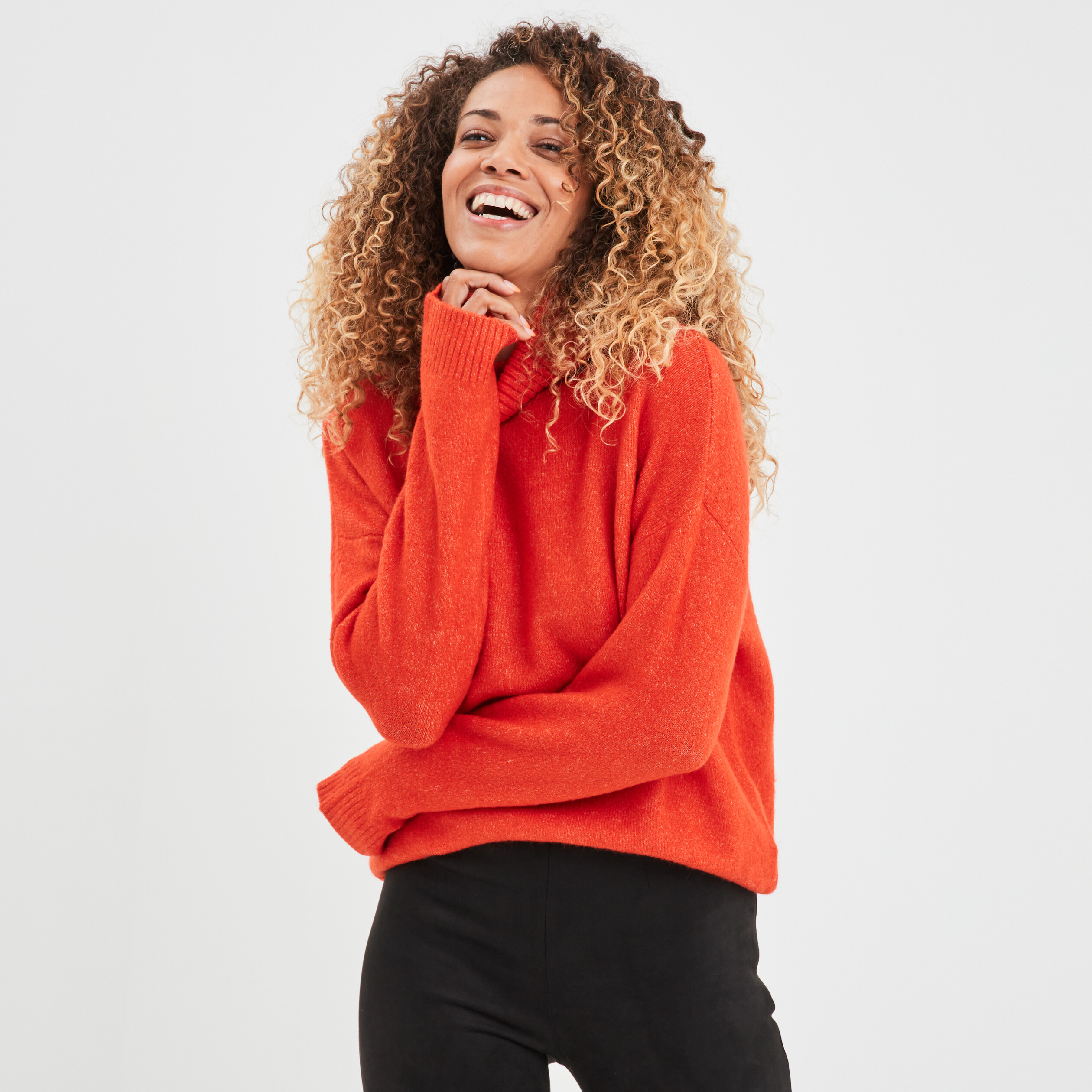 Pull col roulé droit manches longues rouge corail femme | La Halle