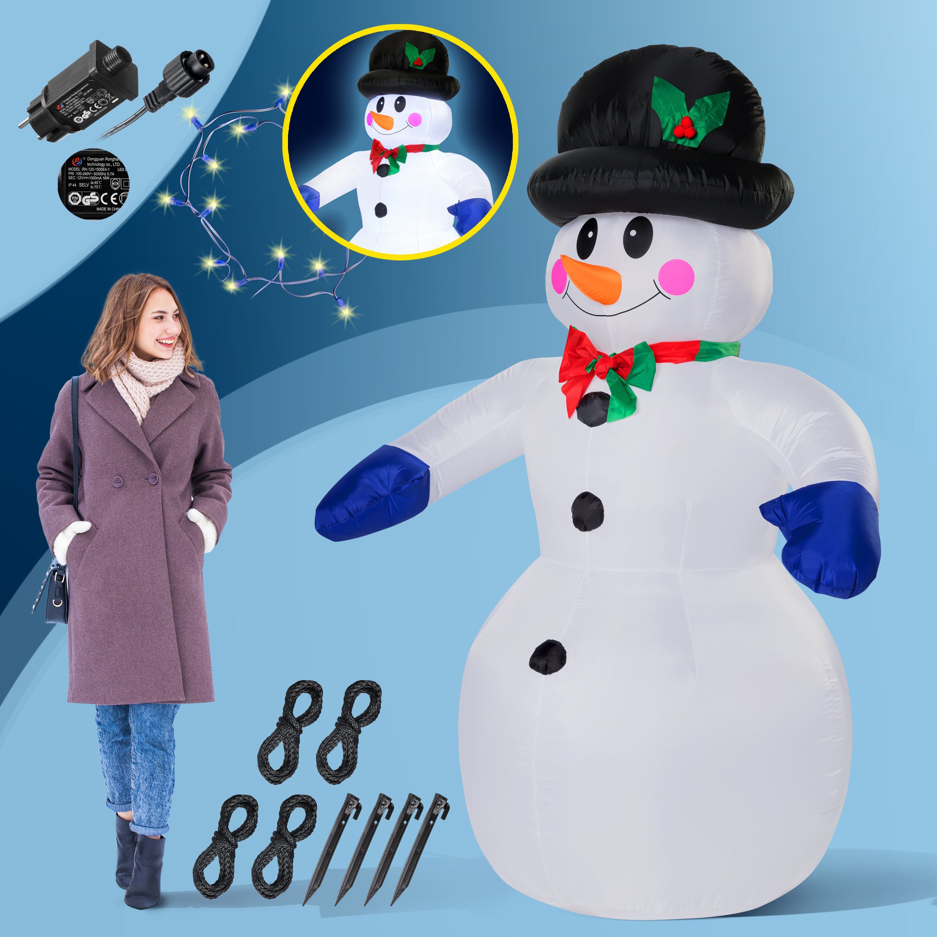 monzana Schneemann, Aufblasbarer XXL 240cm LED Beleuchtet Befestigungsmaterial IP44 Außen