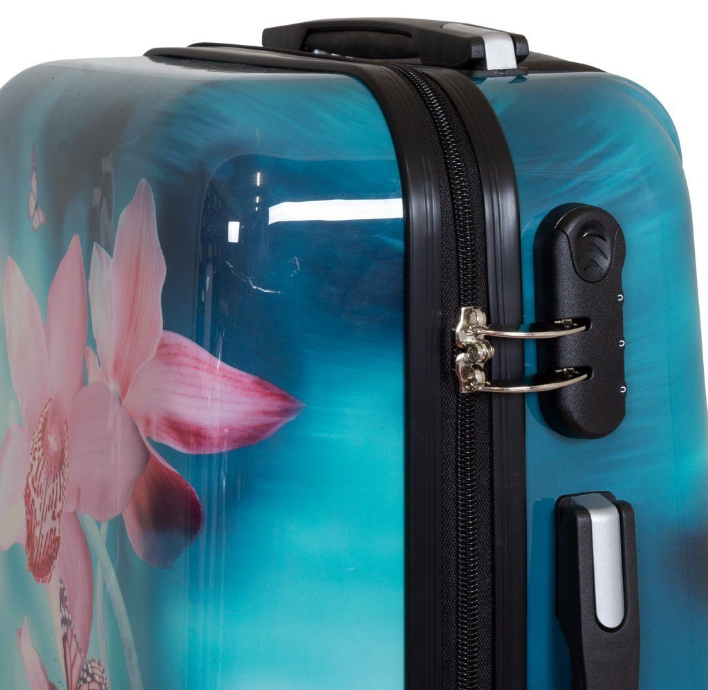 Trendyshop365 Hartschalen-Trolley Orchidee, bunter Koffer mit Blumen-Motiv, 3 Größen, 4 Rollen, Zahlenschloss, Polycarbonat, Dehnfalte