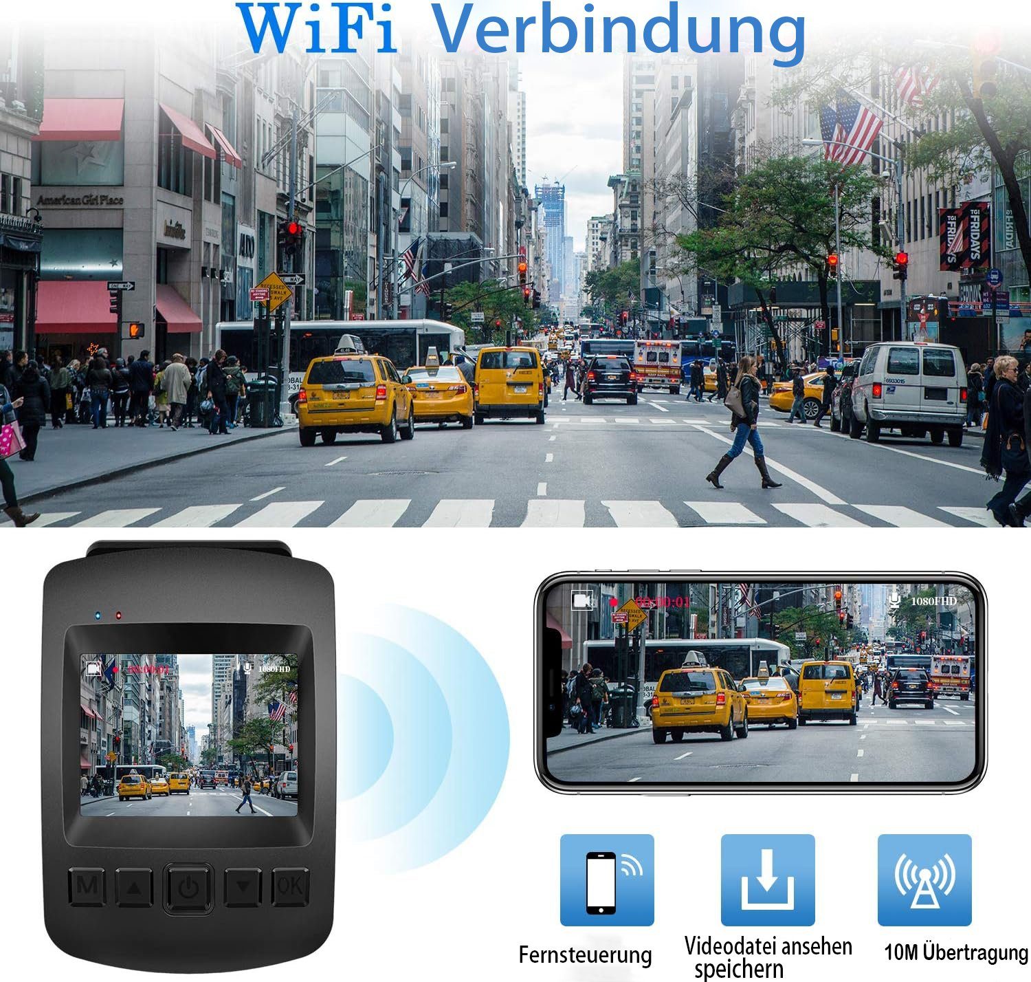 Mutoy Autokamera Dashcam WiFi Full HD 1080P,2 Zoll Bildschirm,170°Weitwinkel Dashcam (Full HD, WLAN (Wi-Fi), Auto Kamera mit Notzeichnung, Schleifenaufzeichnung, Parküberwachung/G-Sensor, Bewegungserkennung)