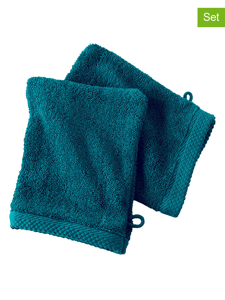 Soft by Perle de Coton 2er-Set: Waschhandschuhe ''Epo'' in Petrol günstig kaufen