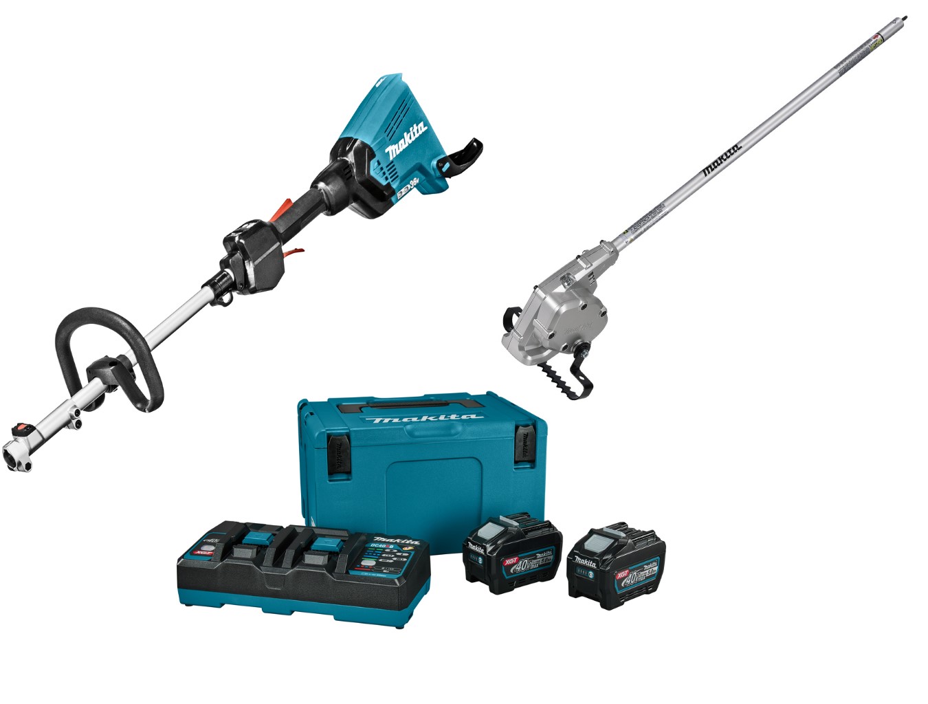 Sistema combinado inalámbrico Makita DUX60T4NL1 con mango en D, 2 x 18 V + accesorio de azada para desbrozar + kit de inicio LXT DC18RD + 4 x BL1850B
