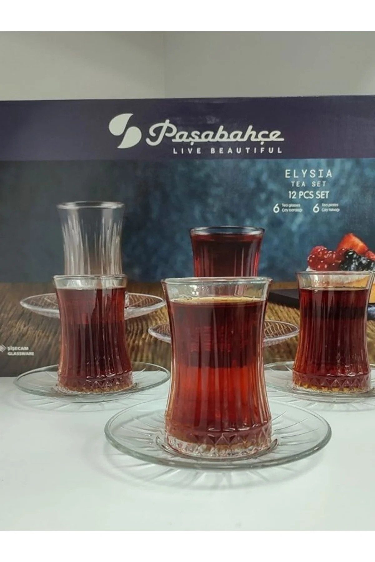 Pasabahce Teeglas Elysia, Glas, Teeglas Set 12 Teilig mit Untertassen