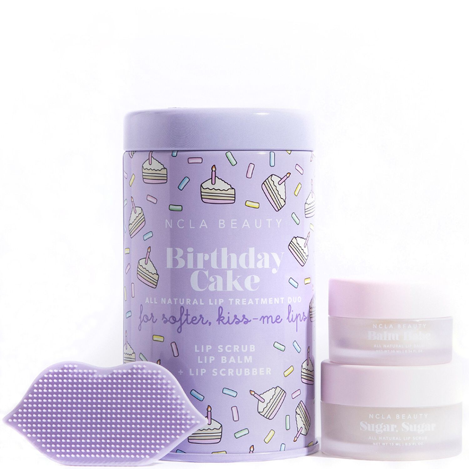 NCLA Beauty Birthday Cake Lip Care+ Lip Scrubber Duo baume 10 ml + scrub 15 ml + Exfoliant en silicone