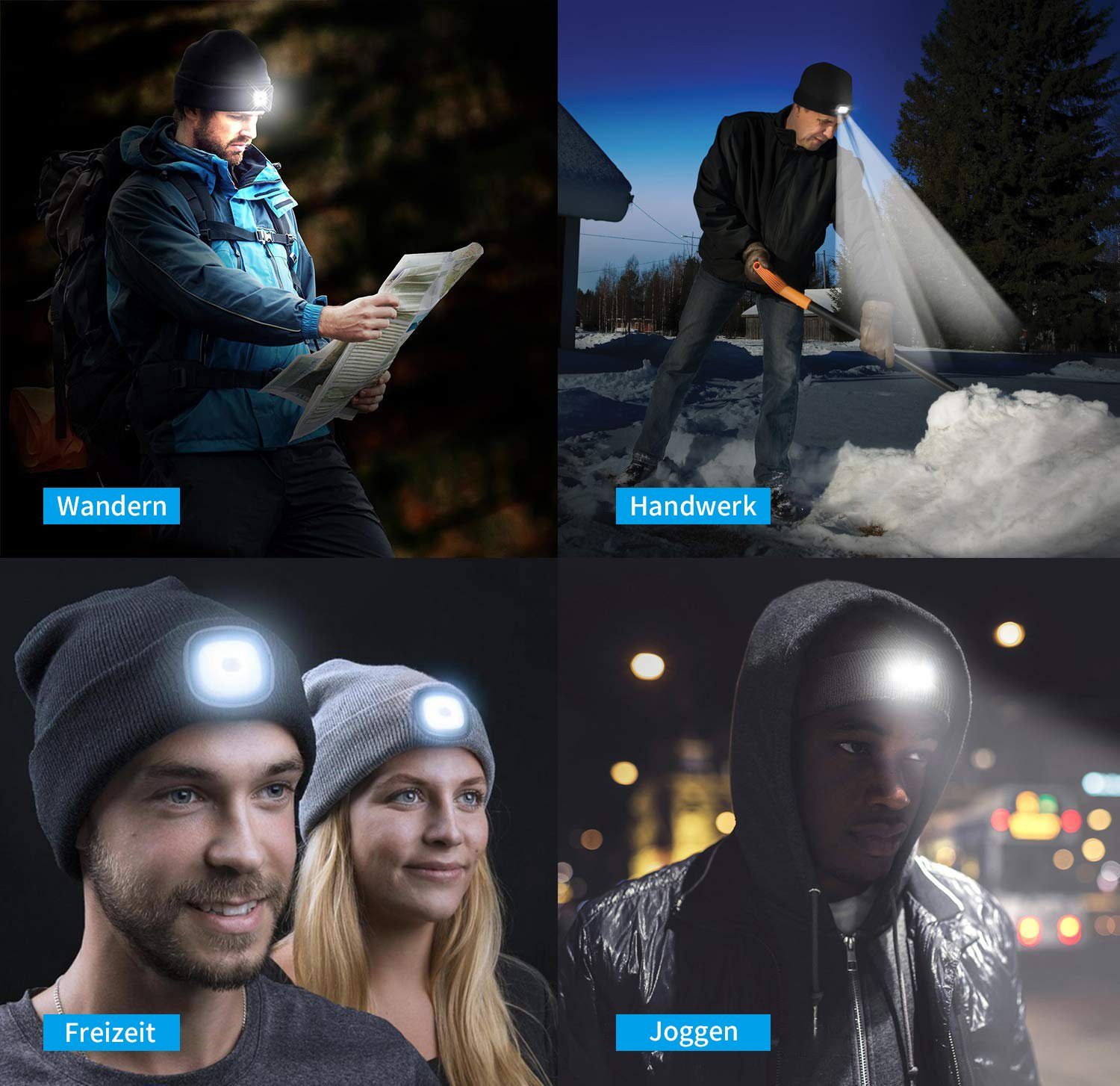 Blusmart Strickmütze Strickmütze mit Licht (Unisex-Winterwärmer-Strickkappe, USB Nachladbare LED Mütze/Hut) USB-aufladbar, LED Lampe mit drei einstellbare Stufen