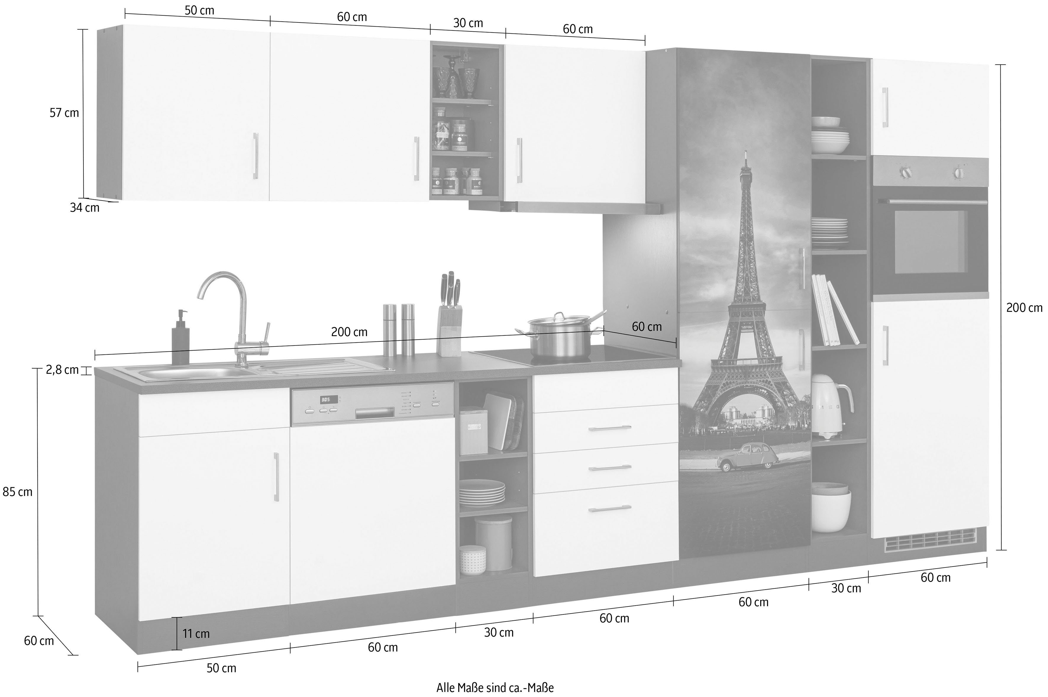 HELD MÖBEL Küchenzeile Paris, mit E-Geräten, Breite 350 cm, wahlweise mit Induktionskochfeld