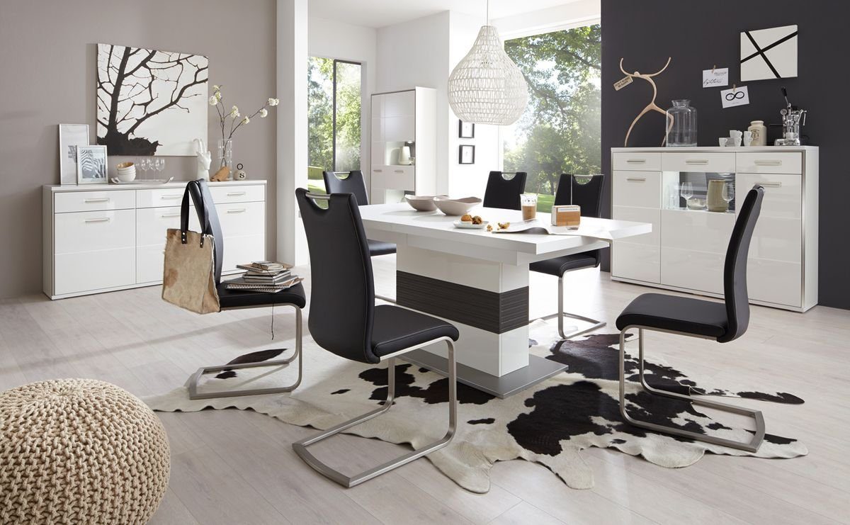 expendio Wohnzimmer-Set Travis 140, (Spar-Set, 8-St), weiß Hochglanz montiert LED + Softclose + 4x Stuhl Kunstleder schwarz
