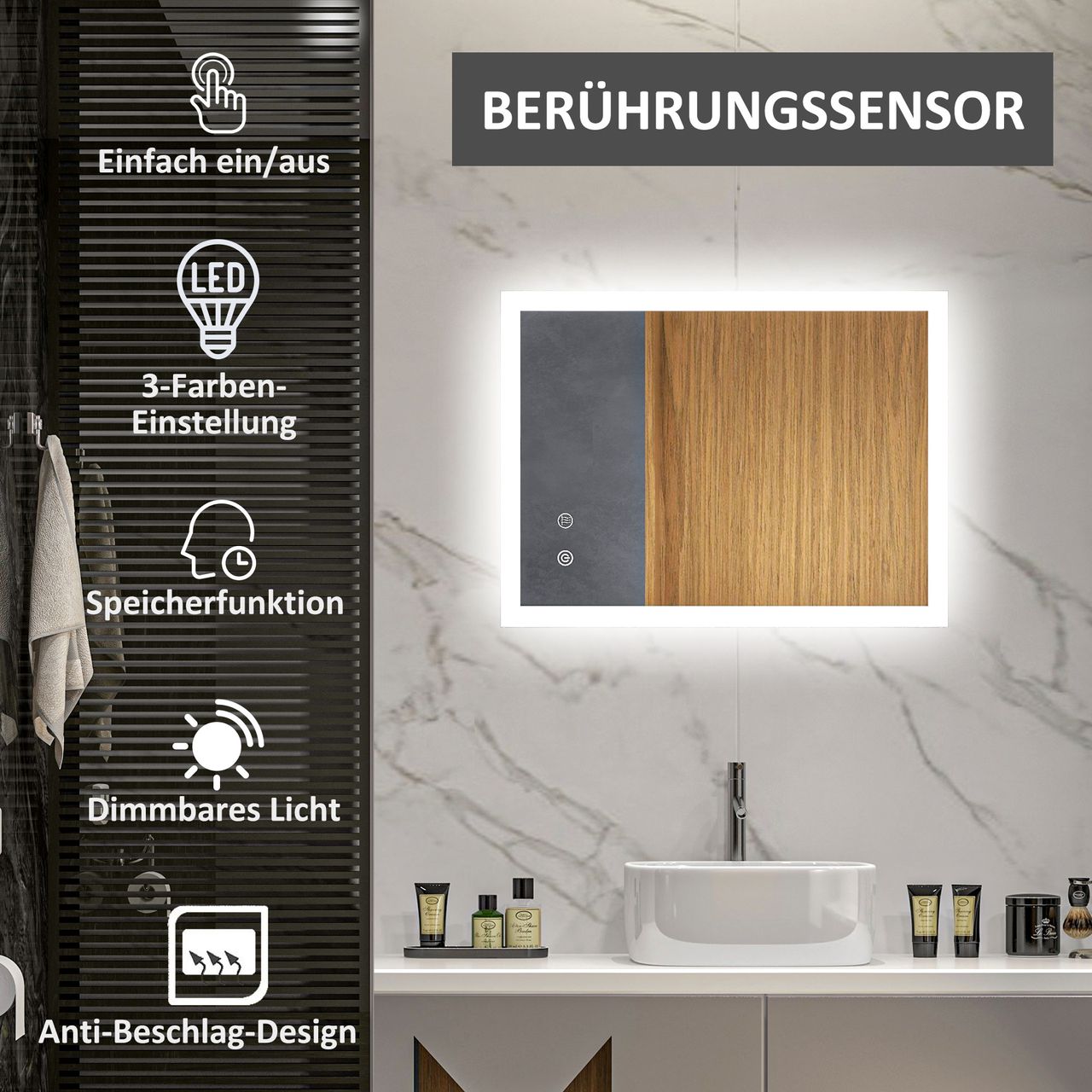 kleankin Badspiegel, Badezimmerspiegel mit LED-Leuchte, Memory-Funktion 80x 60cm