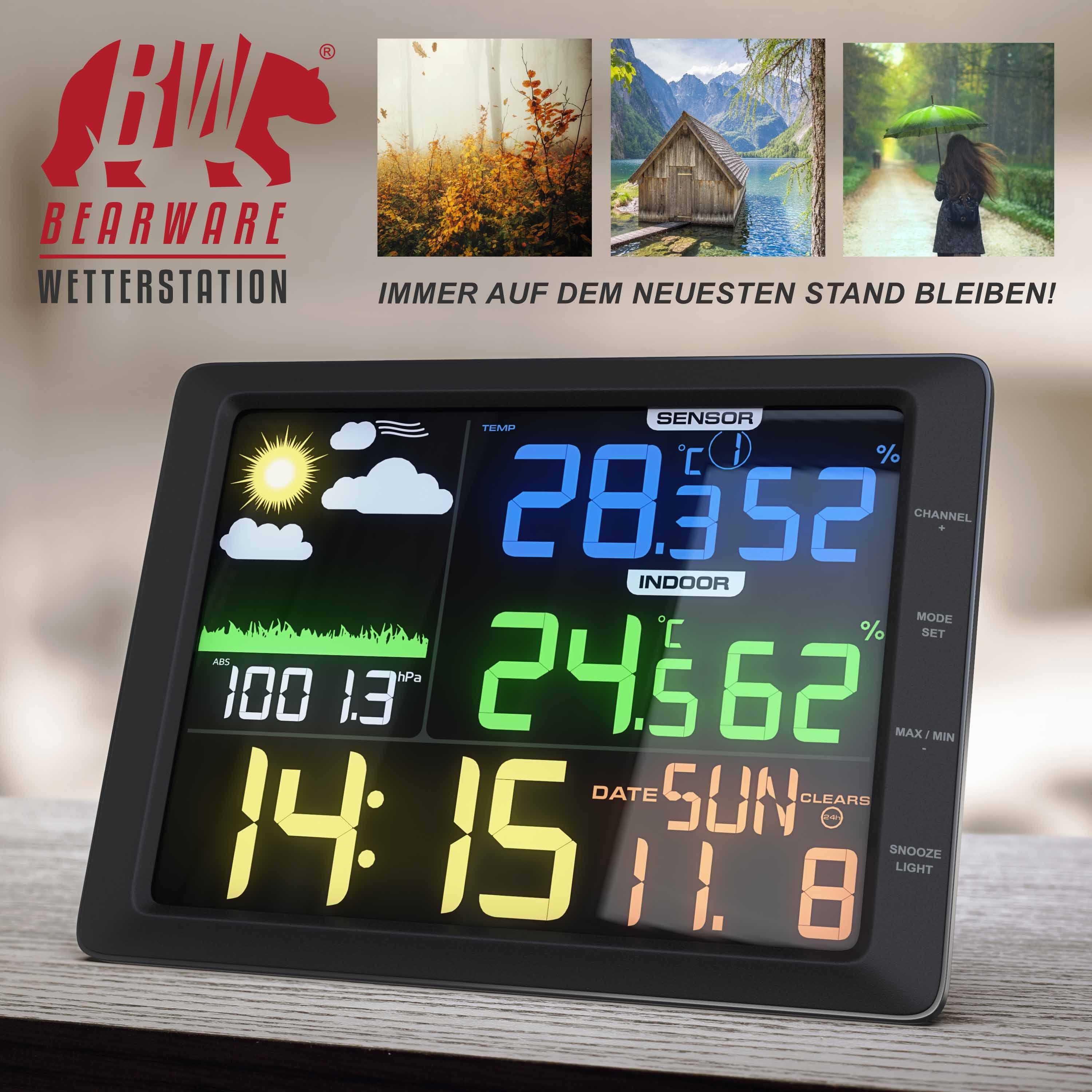 BEARWARE Wetterstation (mit Außensensor, LCD Farbdisplay, Wettervorhersage, Luftdruck, Temperatur uvm)