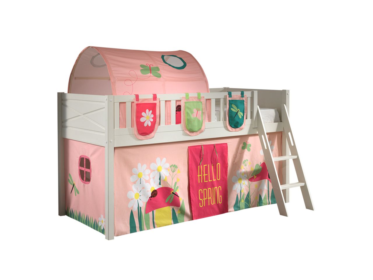 VIPACK Spielbett SCOTT, LF 90 x 200 cm, mit Rolllattenrost, Leiter und Textilset Vorhang, Tunnel und 3 Taschen 