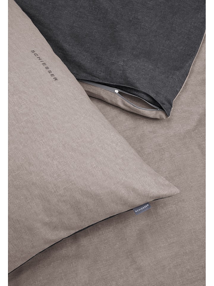 Schiesser Feinbiber-Bettwäsche-Set in Anthrazit/ Hellbraun günstig kaufen 135x200 cm