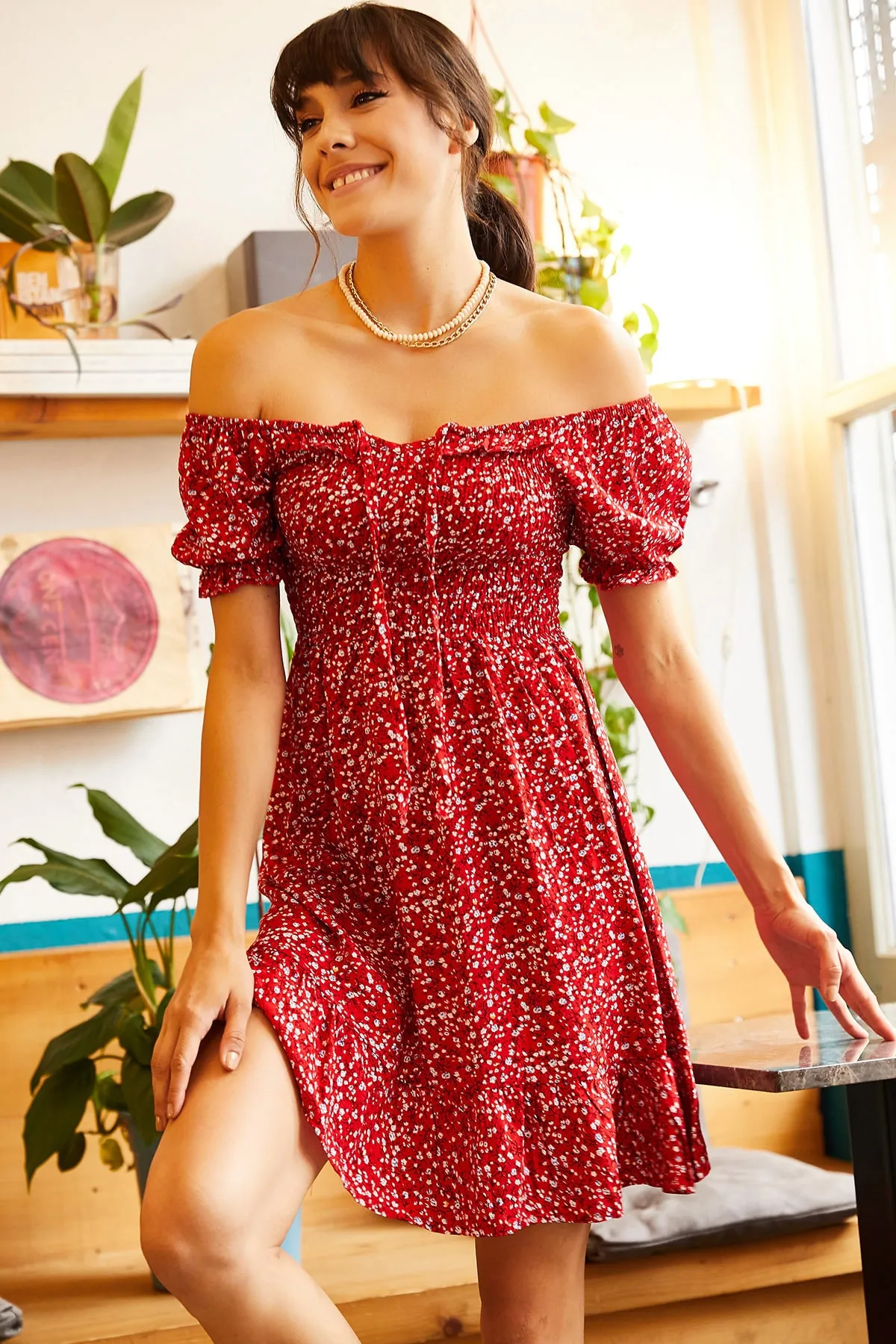 Olalook  Rotes ausgestelltes Kleid mit Gimped-Kragen und Bindegürtel für Damen ELB-19001190
